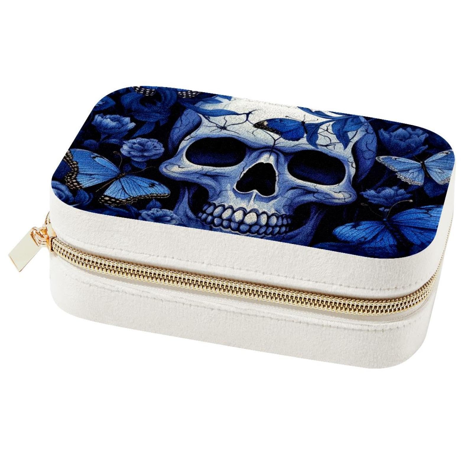Boîte à bijoux tête de mort bleue et papillon de voyage pour bagues et colliers
