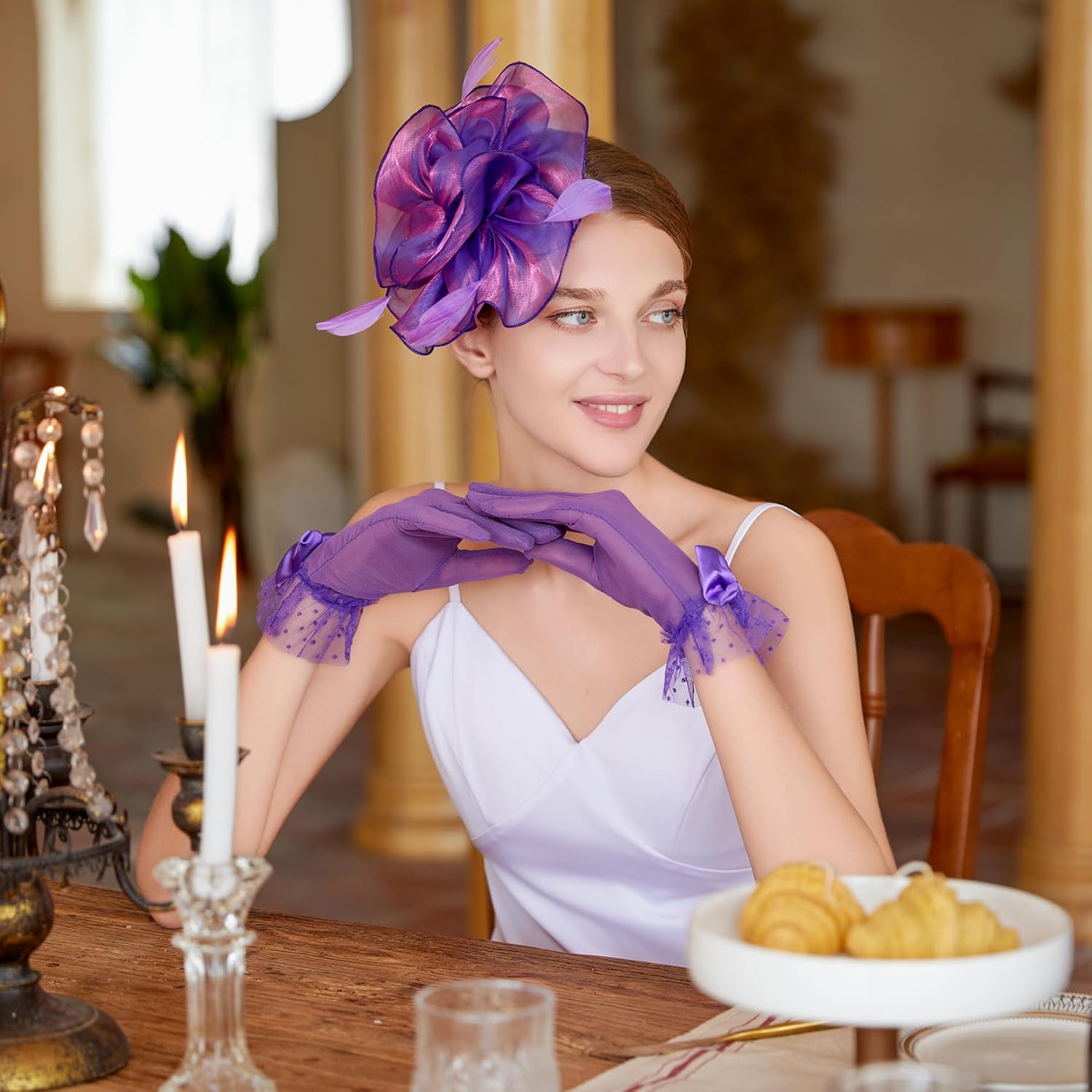 Fascinators Hat Flower Mesh Feathers Headband Derby Hat Clip Tea Party Headwear and Lace Gloves with Bows for Women - Image 4