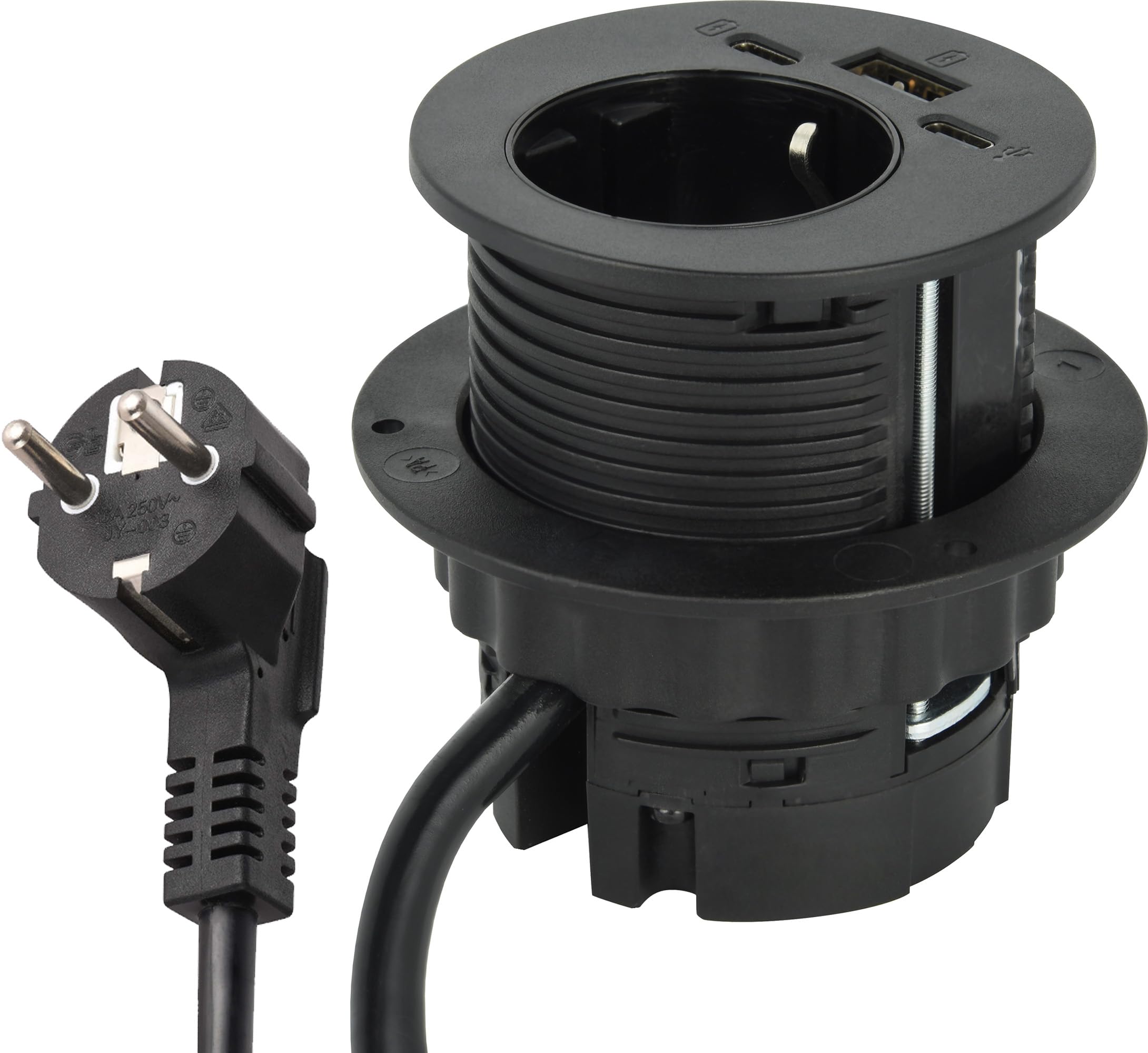 Electraline 62591 Multipresa Scrivania/Presa da Incasso Grommet da Tavolo con Power Delivery 25W 2 USB (1 di tipo C+ 1 di tipo A) + 1 HUB USB-C 2M, D60mm, 1 Presa Schuko + Spina Schuko