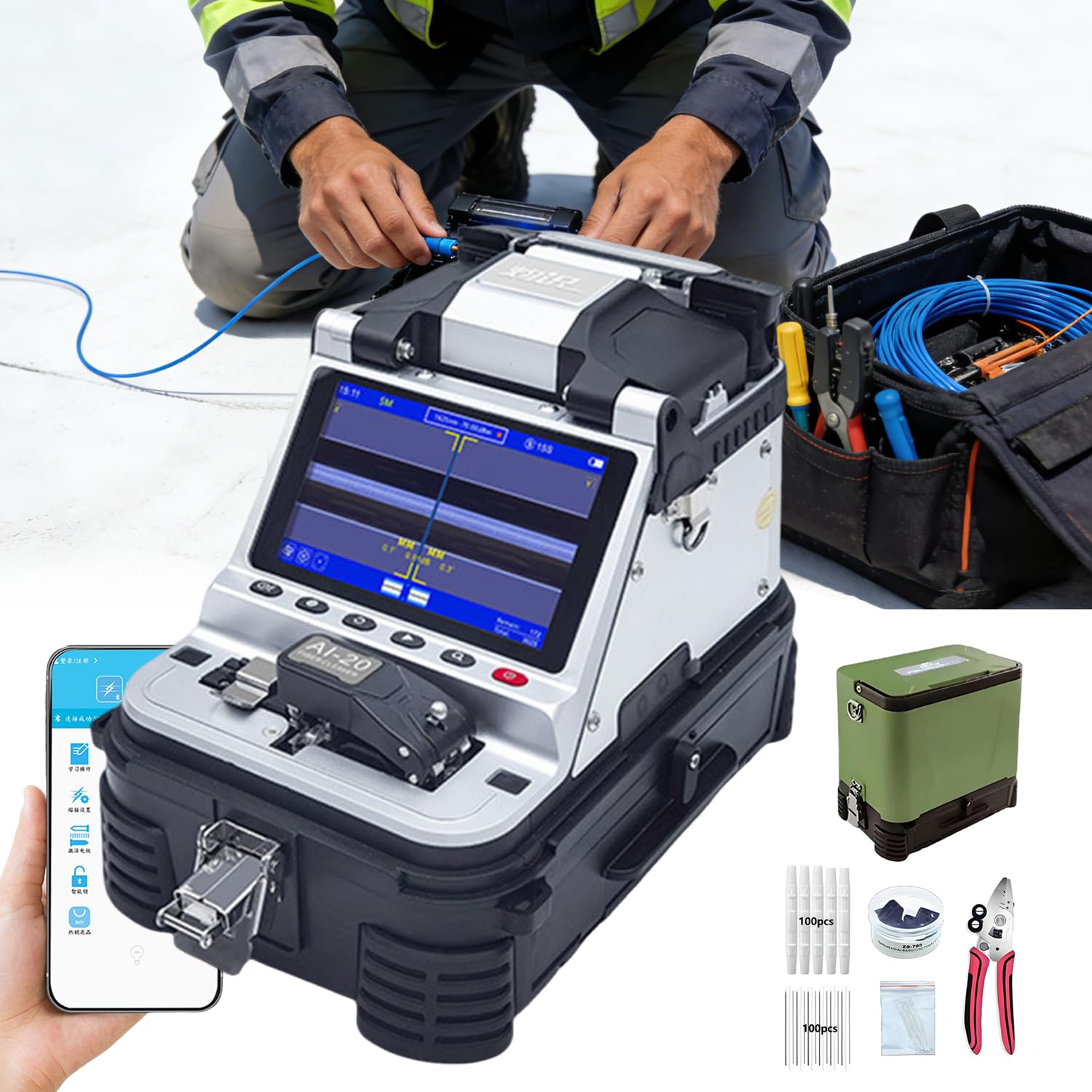 Fusionadora de fibra óptica FTTH 4ª generación alineación automática núcleo 6 motores con cortadora y OPM | para despliegue red telecom e industrial en campo|Pantalla HD 5",control APP Bluetooth Al-20