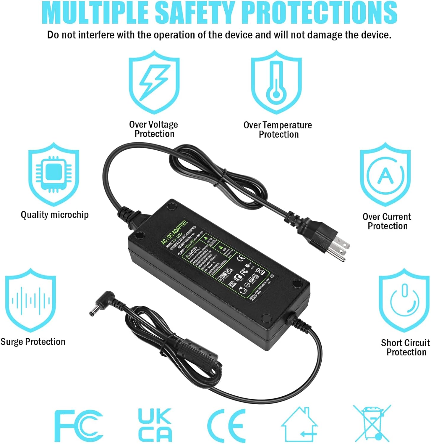 12V 10A Power Supply Adapter 120W 110-240V AC to DC 24V Transformer, 24 Volts DC Power Supply for LED Light CCTV Camera Monitor, 120W Switching Transformer 5.5x2.5mm & 5.5x2.1mm DC Plug Converter - Image 2