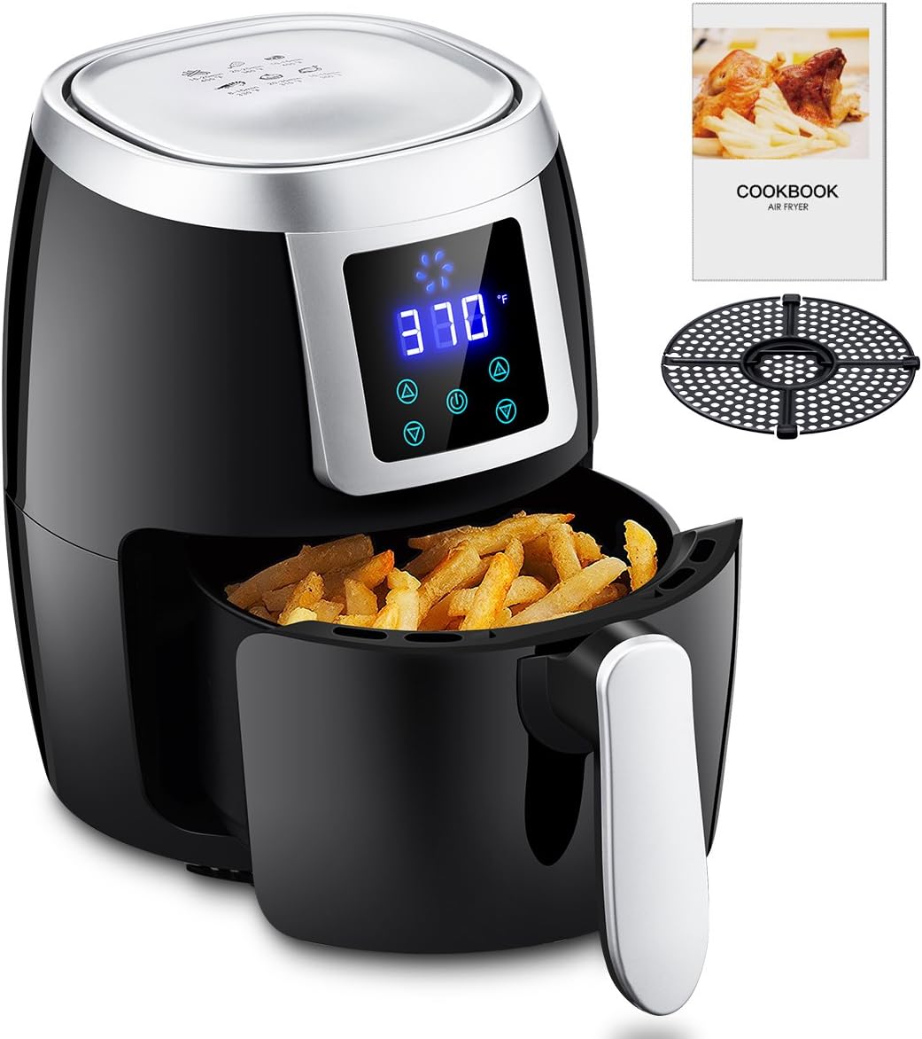 Mini Air Fryers 1000W 2L/2.2QT, Oil-less Air Cooker with Recipe Cookbook & Oil Draining Rack Hot Air Electric Air Fryer Intelligent Touch Screen LED Control-Black