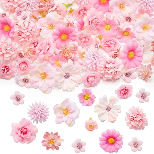 100Pcs Mini Faux Flower Heads Pink Artificial Flower Heads Small Silk Flower Fake Peony Daisy Flowers for Craft Garland Wedding Party Supply Home Decoration