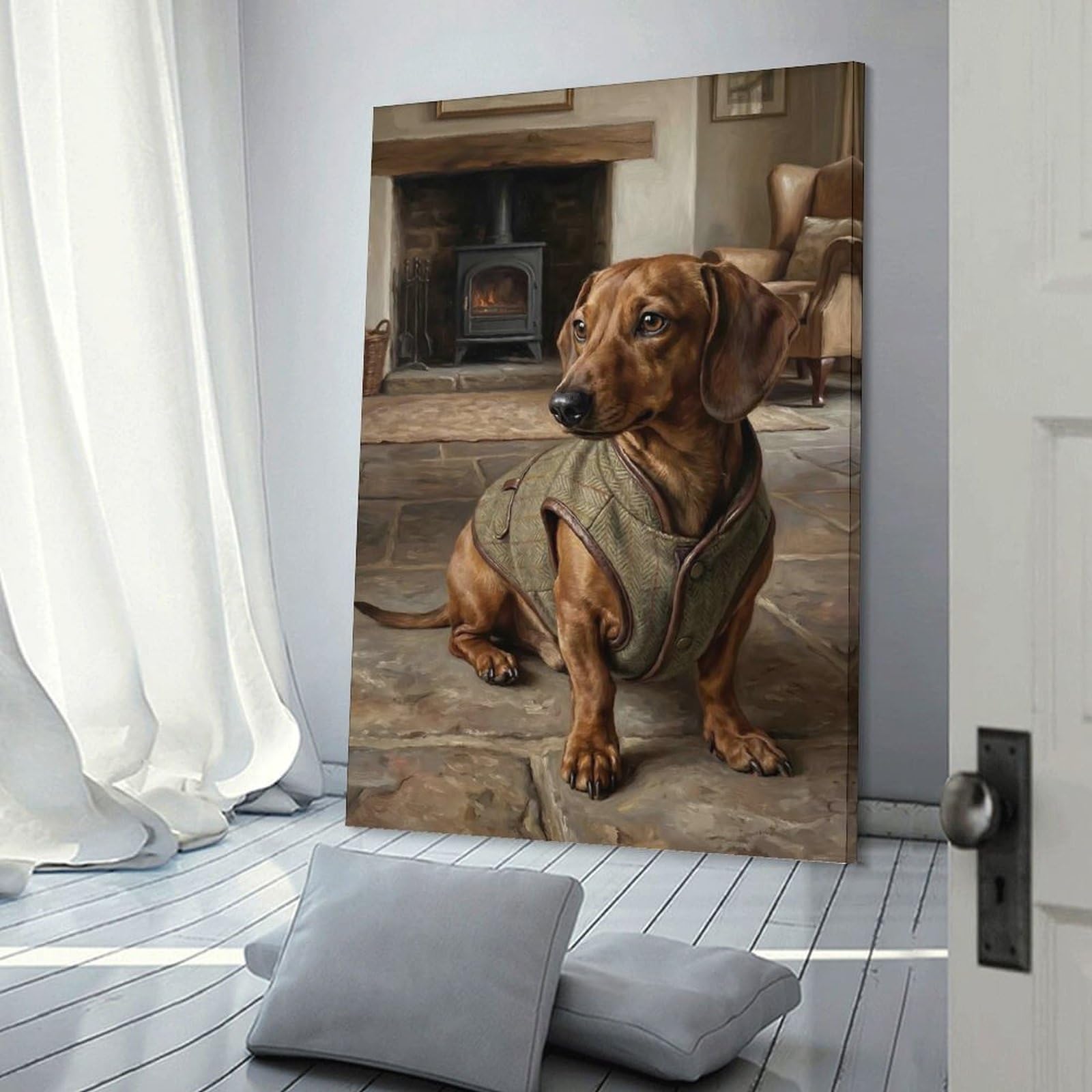 Junmoney Canvas Art Print Dachshund in Tweed Vest by Fireplace, 16x24inch(40x60cm), for Office, Study Or Home Workspace, Decorative Artwork for Productive Spaces