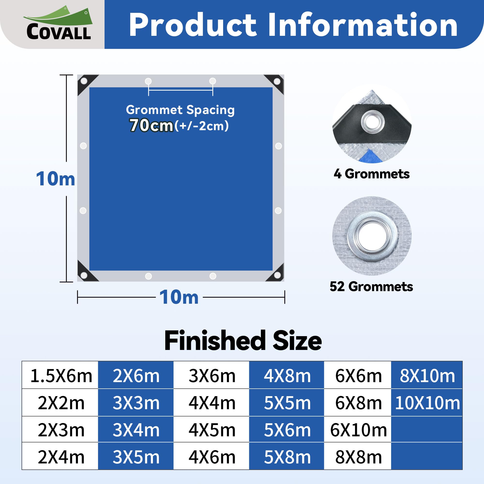Plandeka 10 x 10 m – 75 g/m², wodoszczelna plandeka z PE, srebrna/niebieska, dwustronna, odporna na promieniowanie UV i rozerwanie, ze wzmocnionymi oczkami – idealna jako podkładka, plandeka