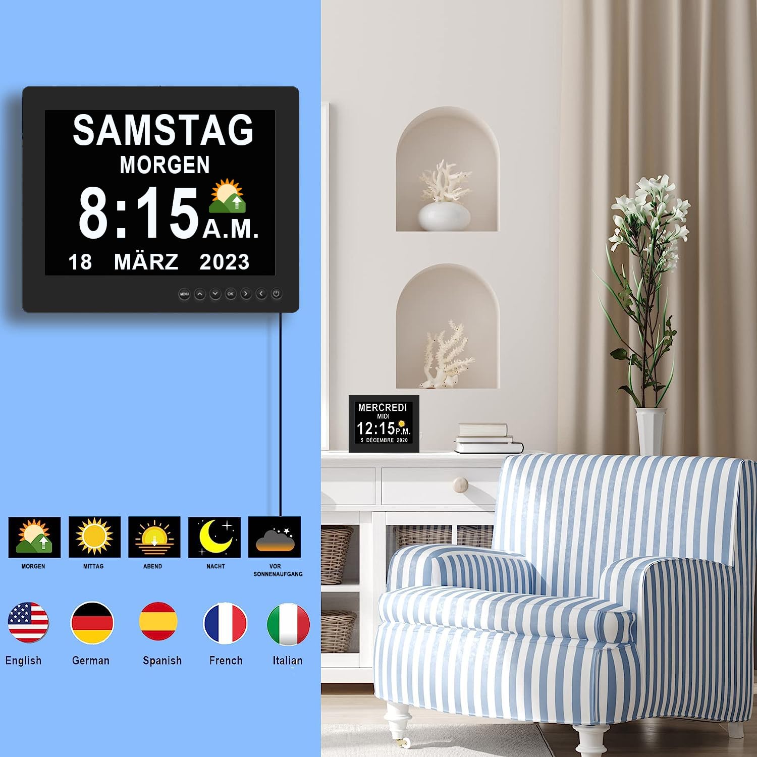 Véfaîî Upgraded 19 Alarme Elektronische Tag Datum Kalenderuhr, Nicht-Abgekürzte Tag Datum Große Uhr für Senioren mit Demenz Alzheimer – mit Fernbedienungr – 8 Zoll mit Fernbedienung