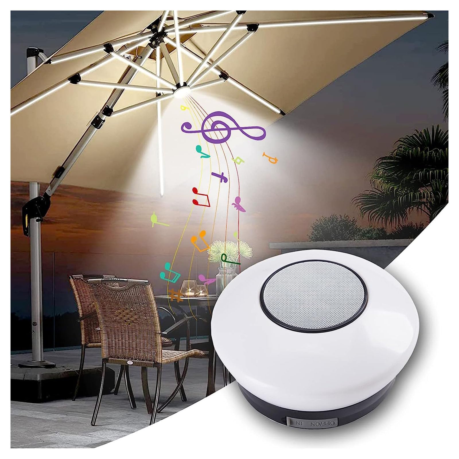 Ombrellone da Giardino Luci 8 modalità Luce per ombrellone da Esterno con Batteria Ricaricabile USB Altoparlante Bluetooth e Telecomando