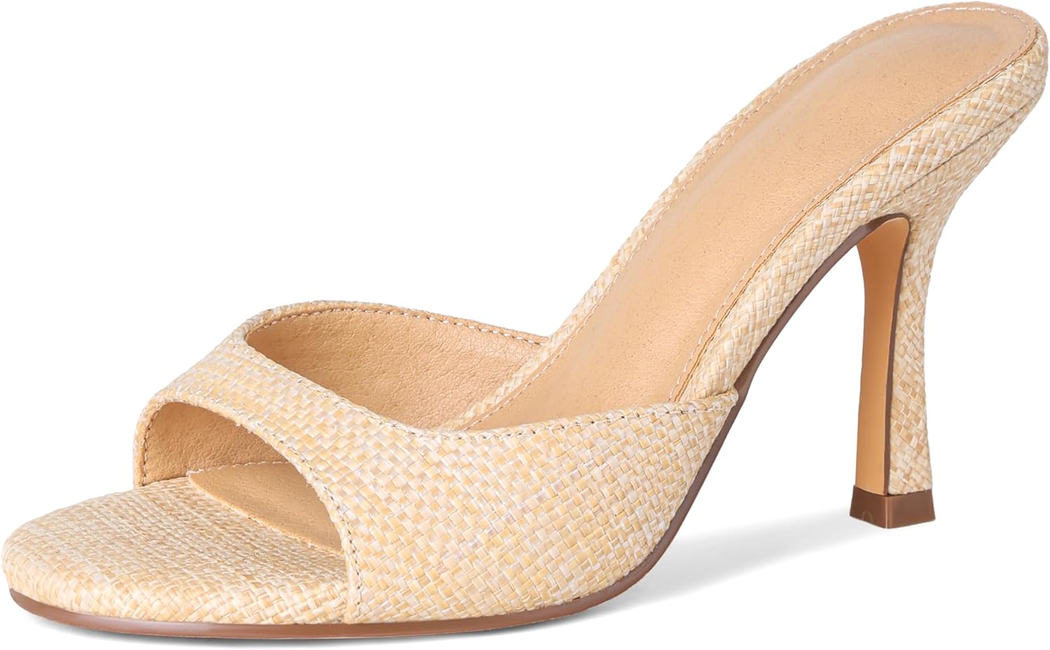 EQAUDES High Heels Mules for Women Summer Sandals Open Toe Slip on Stiletto Heels for Women Round Toe Raffia Heeled Sandals Comfortable Dress Shoes
