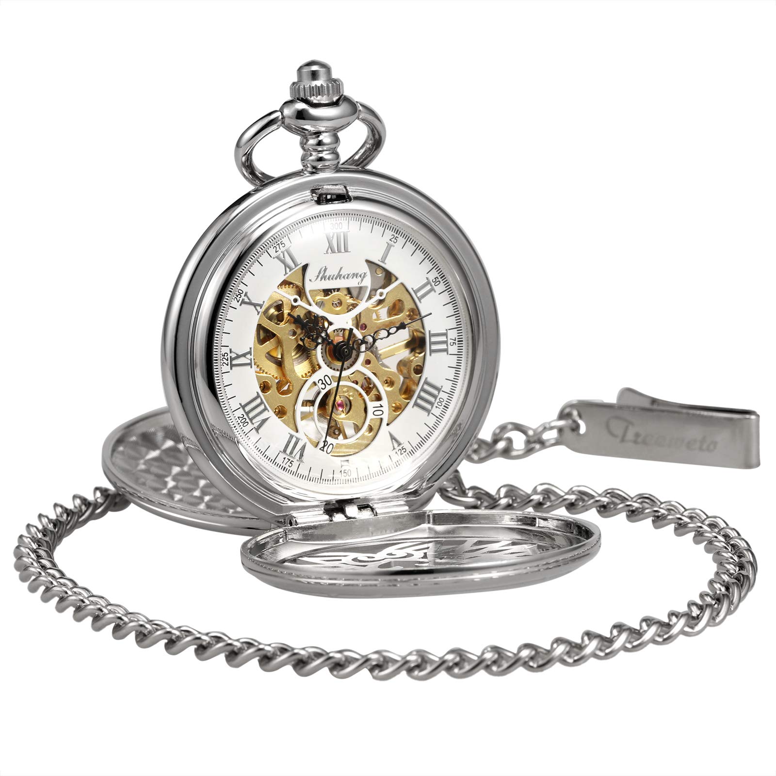 Treeweto Montre à Gousset mécanique avec Ailes d'aigle Double boîtier Creux Chiffre Romain avec chaîne Coffret Cadeau