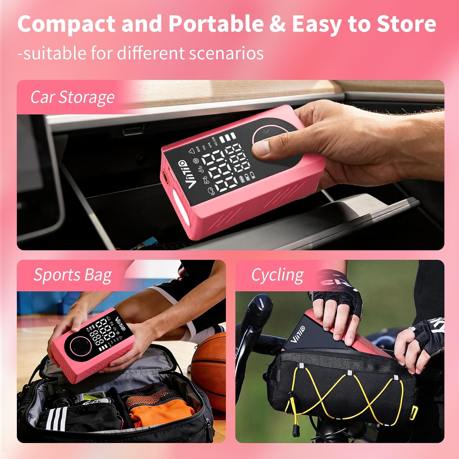 Vinid Tire Inflator Portable Air Compressor, LED Display & Auto Shut-Off, 5 Modes, 150PSI Cordless Air Pump with Digital Pressure Gauge for Car, Balls, Bike, Motorcycle, Pink Car Accessories for Women - Image 8