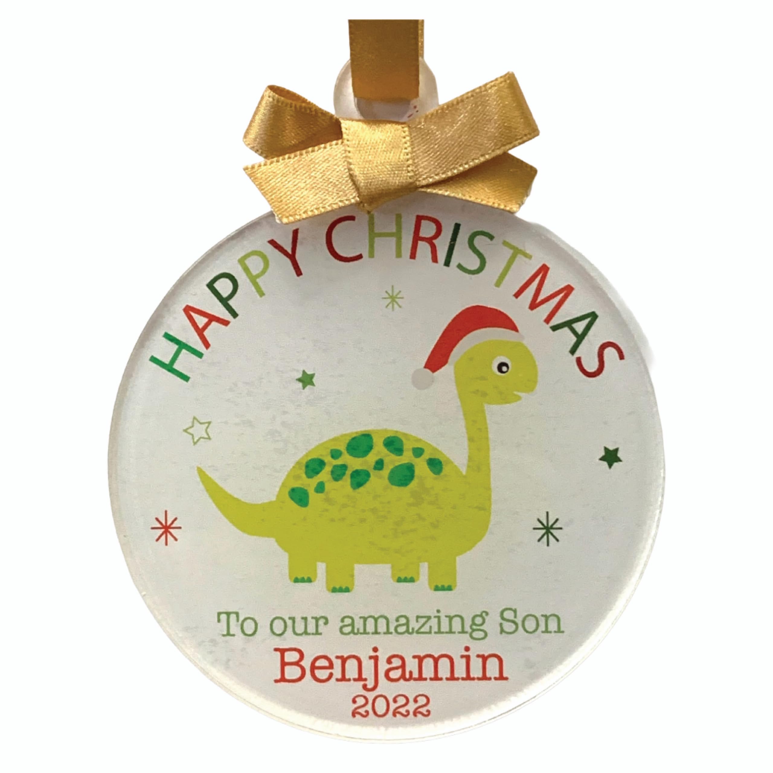 Dinosaur Christmas Bauble Personalised Decoration Ornament (Dinosaur 2, Gold Ribbon)
