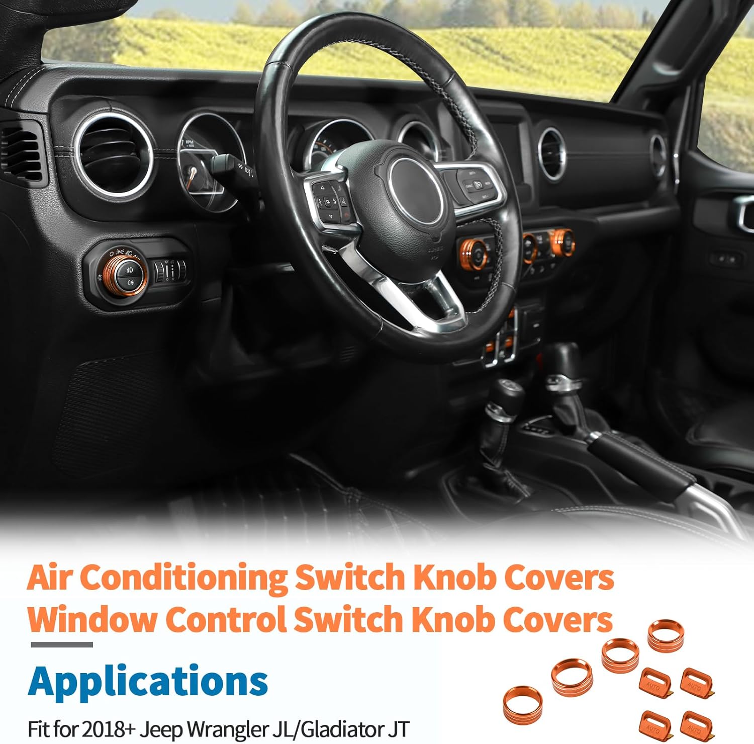 JeCar for Jeep Wrangler JL & Gladiator JT Window Switch Button Knob Cover Trim Kit, Orange Aluminum Interior Decoration Accessories (2018–2024 2025+), 8pcs