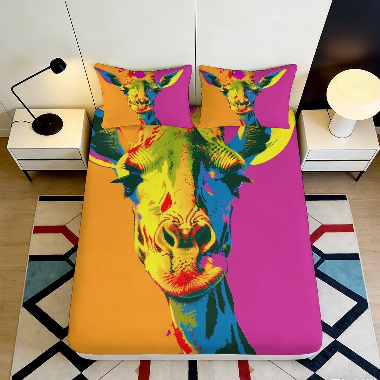 3D Printed Colorful Giraffe Fitted Sheet Microfiber Soft Breathable Vibrant Art Mattress Cover for Bedroom Dormitory Guest Room Mattress Protection 200x200x25cm