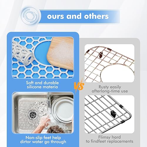 Miniatura 30 de Paquete de 2 tapetes de silicona para fregadero de 13.58 x 11.6 pulgadas, protectores para fregadero de cocina con drenaje central, rejilla Gris