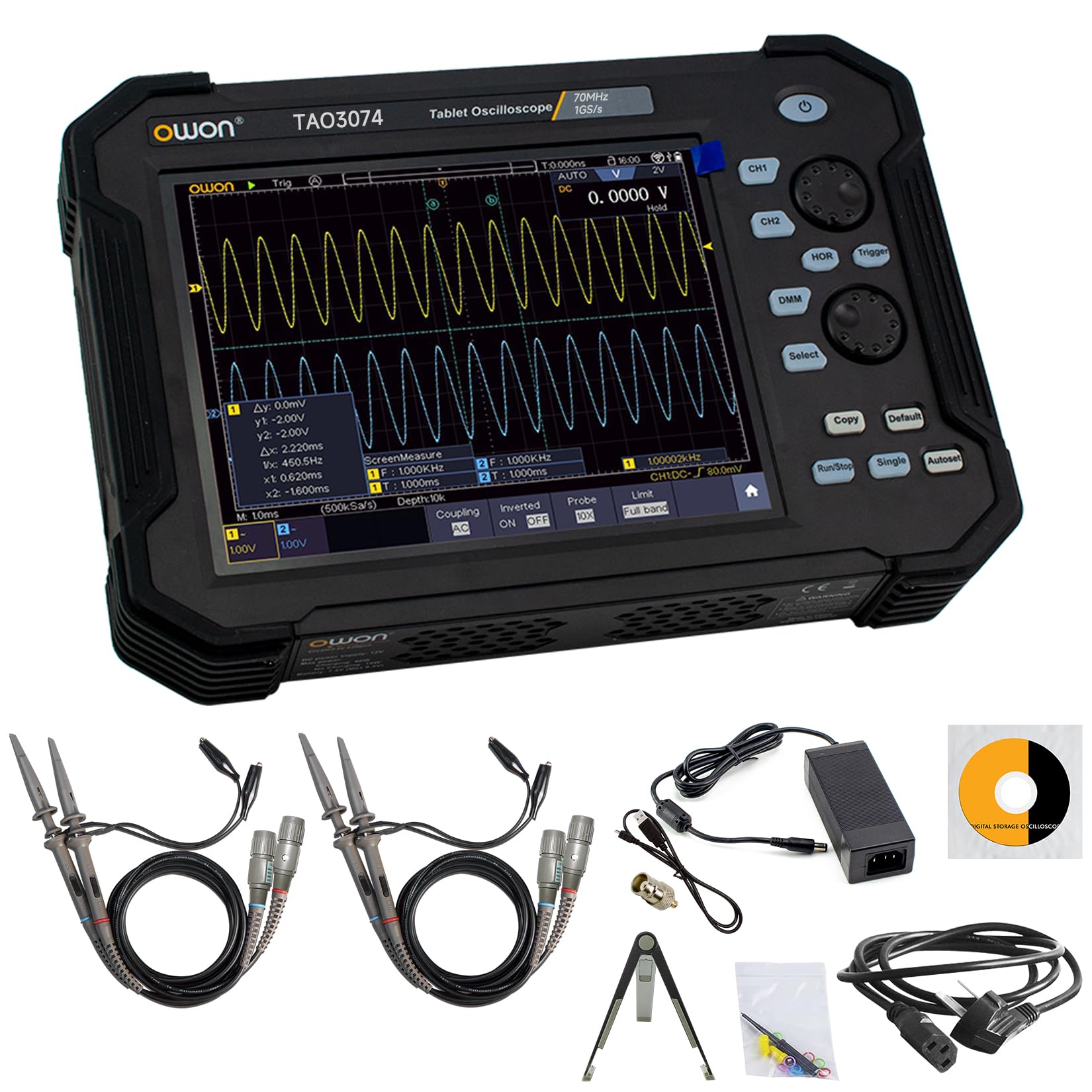 OWON TAO3074 4CH Handheld Digital Oscilloscope with 70MHz Bandwidth and 1GS/s Sample Rate,40M record length,SCPI, and LabVIEW Supported, 8 inch high resolution LCD