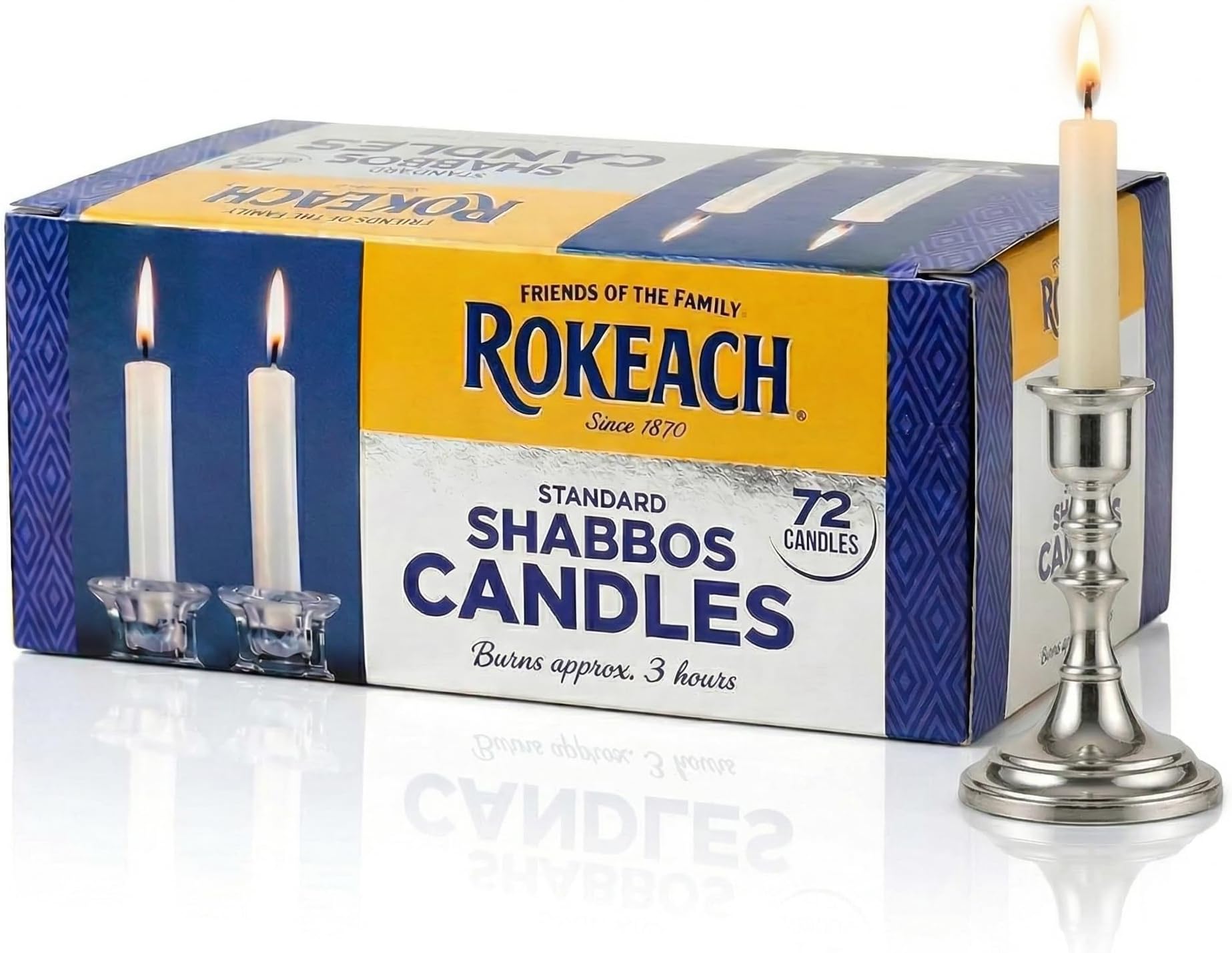 Rokeach Standard Shabbat Candles, 72 Count | White Paraffin Wax Sabbath Candles | 3-Hour Burn Time