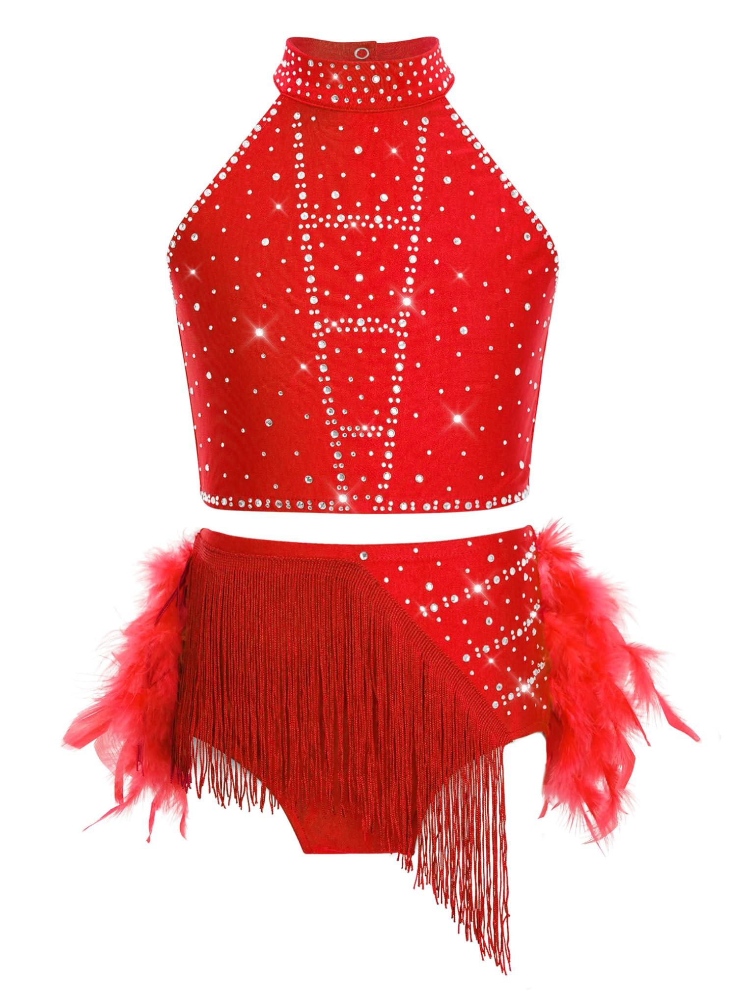 renvena Vestito da Ballo Latino Americano Bambina Strass Crop Top Danza Classica Moterna Canotta e Gonna con Piume Abito da Ballo Lirico Contemporaneo