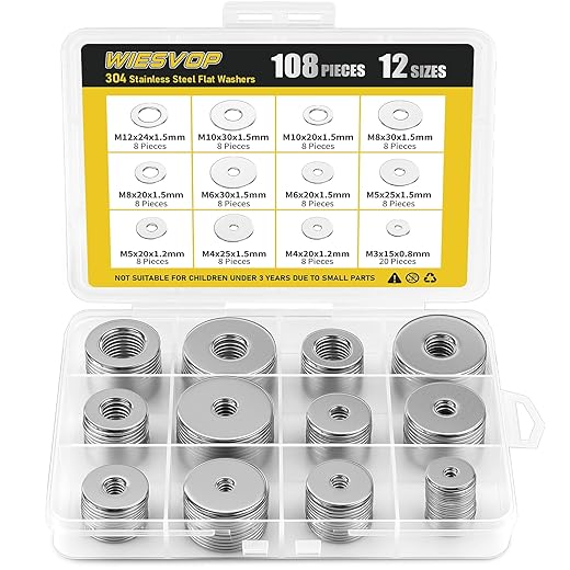 108Pcs 304 Stainless Steel Flat Washers, Fender Washers Assortment Kit 12 Sizes (M3-M12) Metal Washers for Screws Bolts Large and Small Hardware for Various Home Industrial Automotive