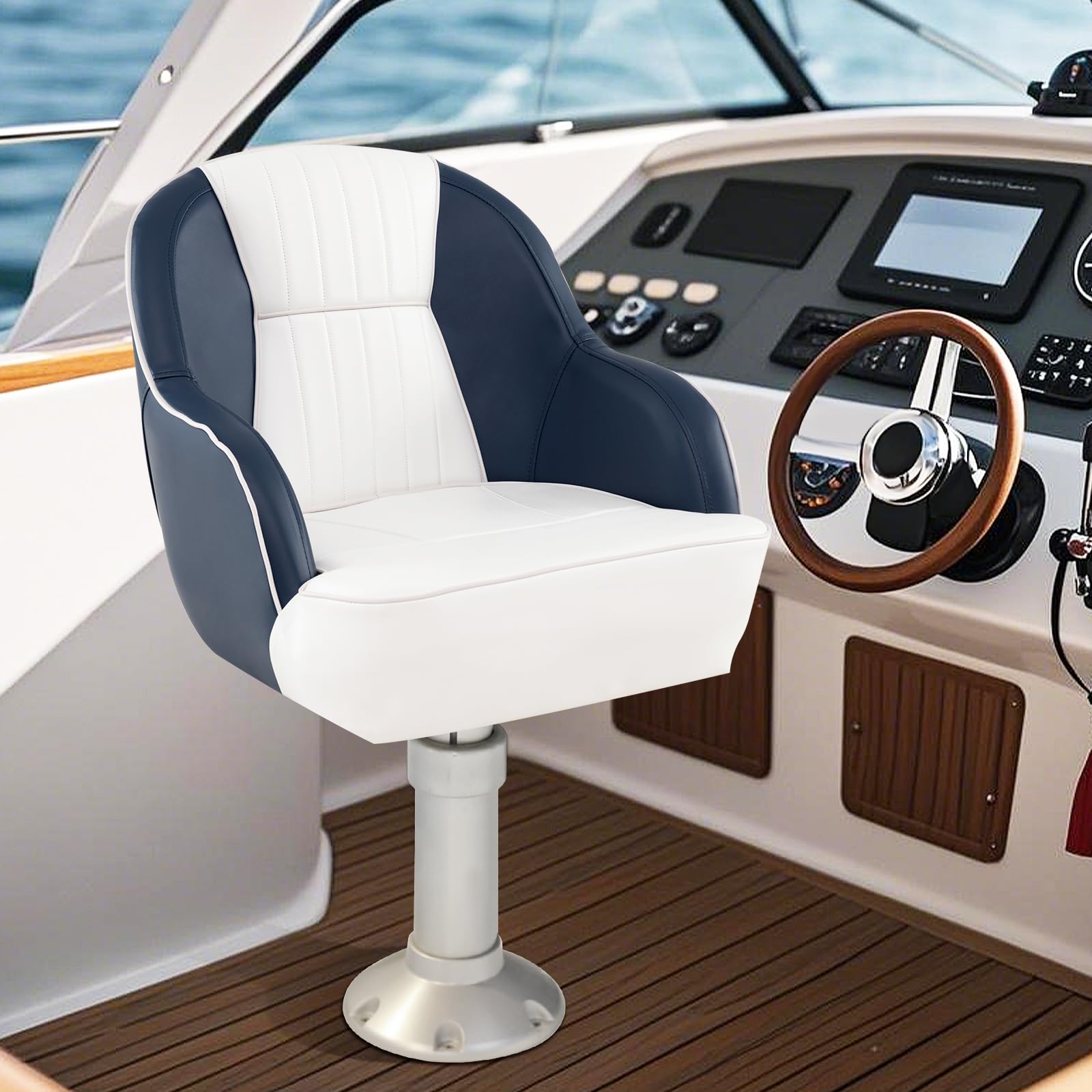GOPLUS Siège de Bateau, Siège de Pilot avec Dossier, Chaise Pilotage Recouverte Cuir Artificiel et Rembourrée en Mousse, Design Ergonomique, pour Pêche, Yacht, Charge 150KG (Bleu,58x54,5x49 CM)