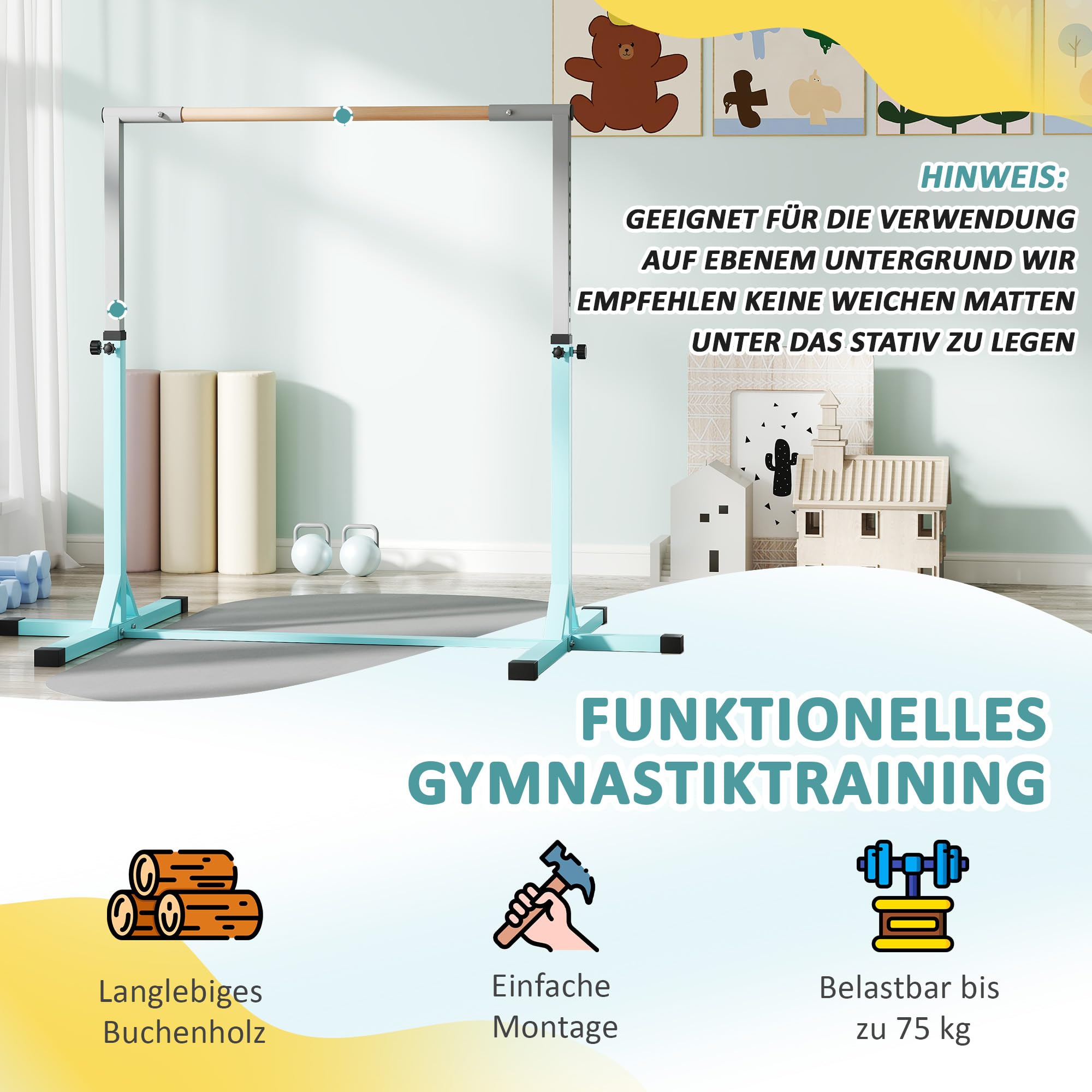 HOMCOM Gymnastikstange für Kinder, höhenverstellbar Turnreck Reckstange, Reck Turnstange für Indoor & Outdoor aus Holz & stabile Stahlkonstruktion bis 75 kg belastbar, für 3+ Kinder