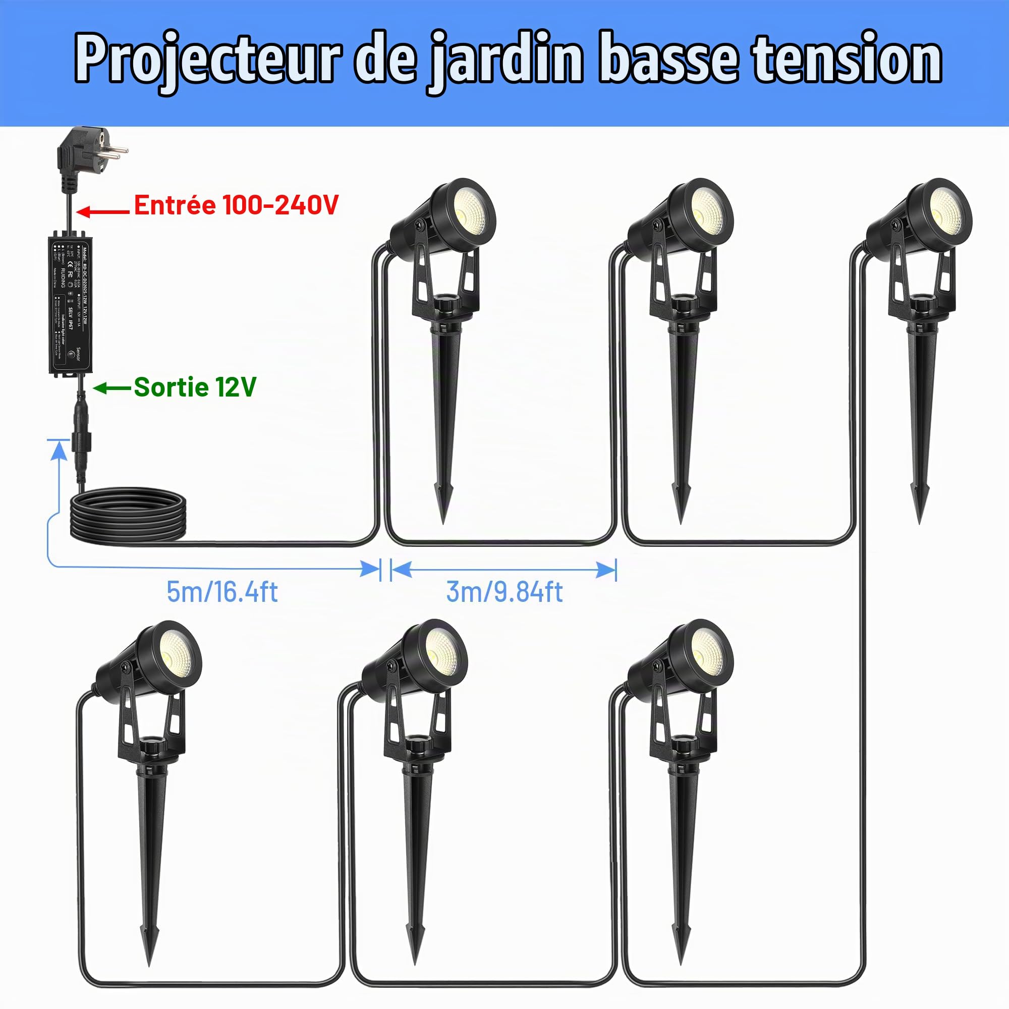 Spot Led Extérieur, 6 Pièces/14M Spot Exterieur avec Fonction Minuterie et Capteur de Lumière, 3000K Blanc 12V IP65 Étanche Éclairage de Jardin avec Stake pour Allées, Terrasses,