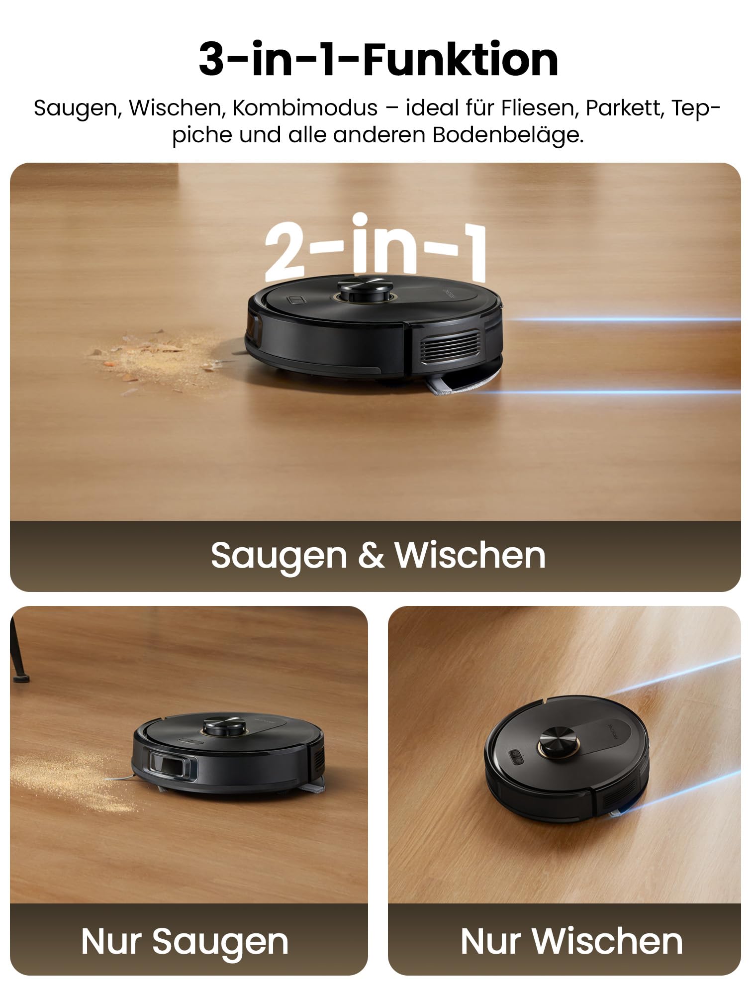 Proscenic Q20Plus Saugroboter mit Wischfunktion, 10000Pa 200min Staubsauger Roboter mit Beutellose Entleerungsstation, 3-in-1 Saug und Wischroboter für Tierhaare, Teppiche, Hartböden, Schwarz