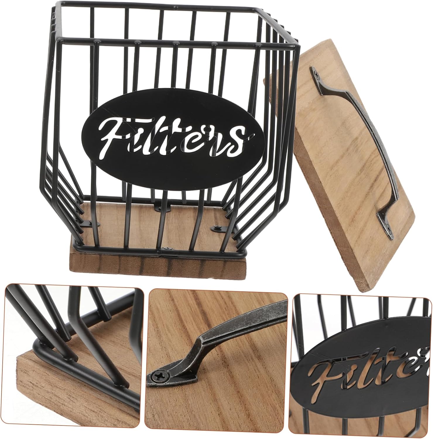 SOLUSTRE Rustic Coffee Filter Holder Organizer for Kitchen Countertop Coffee Storage Basket with Lid for Filters Accessories Decor