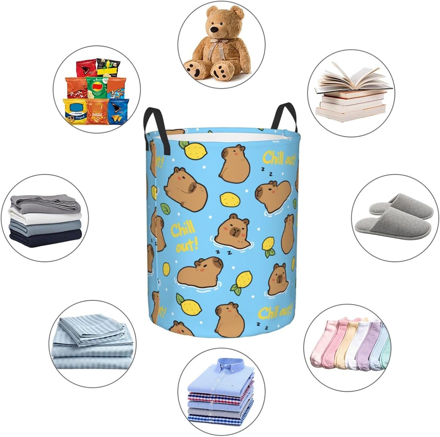 chill out Capybara with lemon Laundry Basket Round with Handle, Bedroom Hamper Collapsible Storage Bin Dirty Clothes Bag Organizer for Home Bathroom Nursery, 19.6''x15.7''