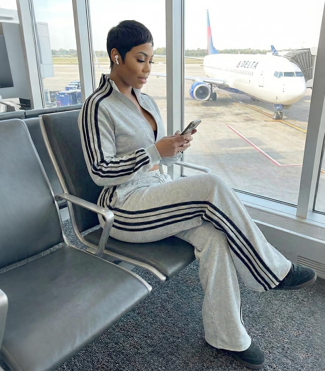 Angsuttc Sweatsuits Women 2 Piece Outfit Striped Tracksuit Long Sleeve Cropped Jacket and Wide Leg Pants Set - Image 4