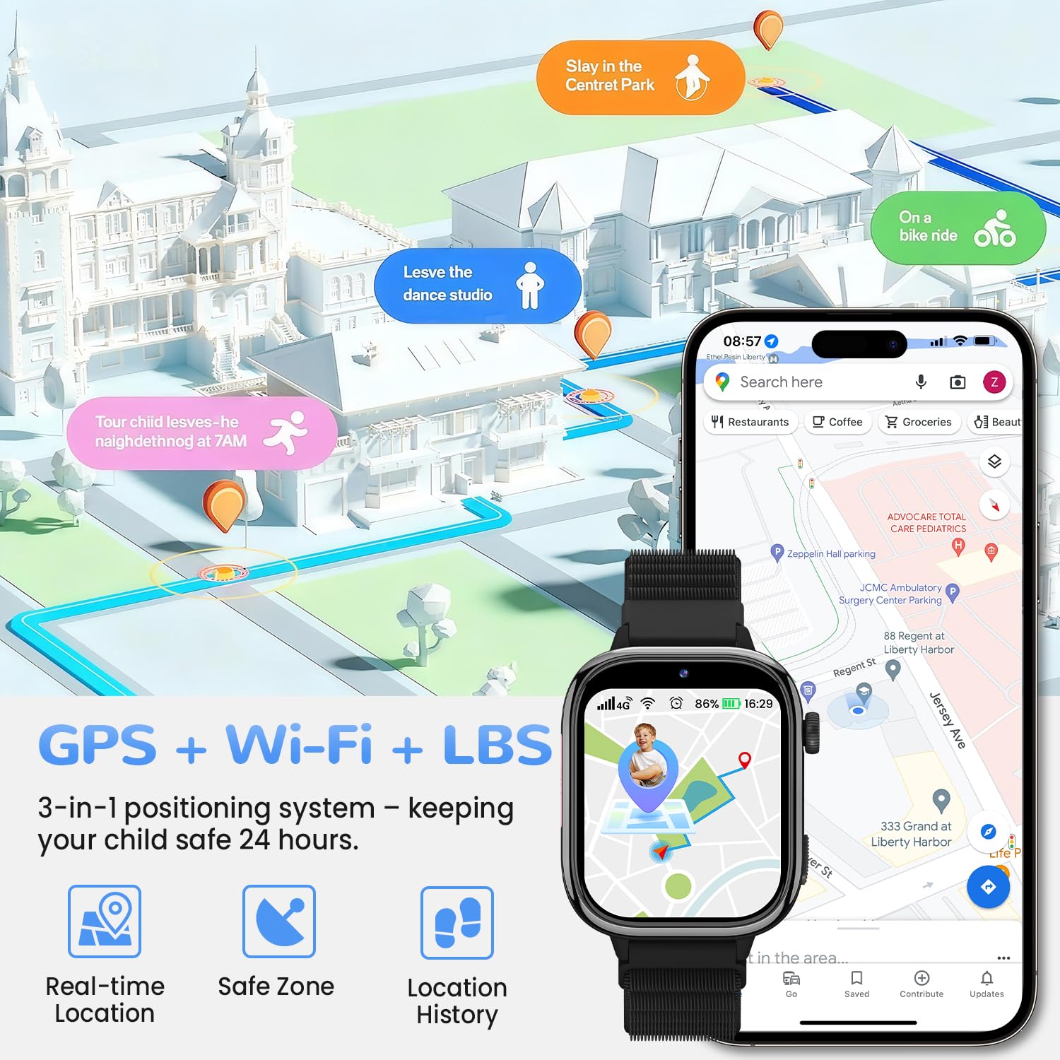 4G Montre Connectée Enfant GPS, Smartwatch Enfant avec Appel Vidéo, SOS, SMS Chat Vocal, Mode École, Podomètre, Réveil, Suivi du Sommeil, IP68, Montre Telephone pour Garçons et Filles Cadeau, Noir