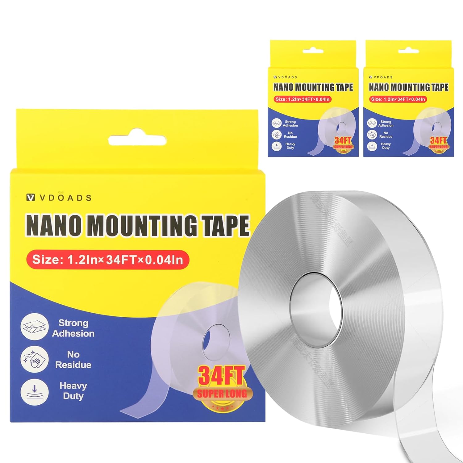 64FT Double Sided Tape Heavy Duty Nano Mounting Tape Adhesive Removable Super Big Long Super Sticky Outdoor for Wall DIY Hanging Carpet Reused-H (L34 (2 roll TOT:68FT))