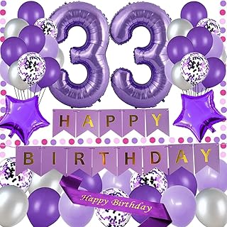 yujiaonly 33rd Birthday Party Decorations Purple Happy Birthday Paper Banner Purple 40inch Number 33 Happy birthday Sash Latex and Confetti Balloons Perfect for 33 Years Old Party Supplies Balloons Number 33 Purple