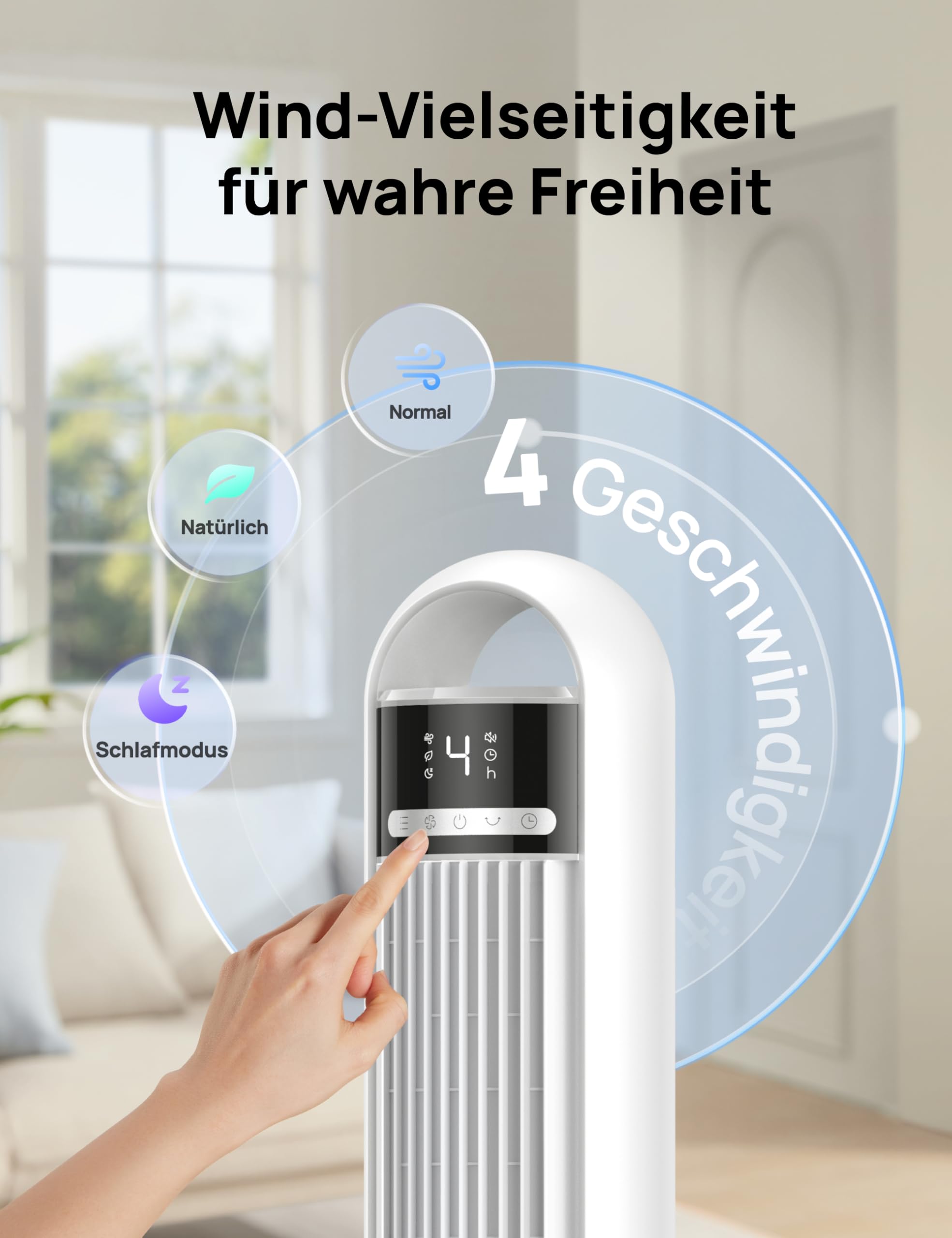 DREO Smart Turmventilator fürs Schlafzimmer, leiser Standventilator mit 28 dB, Luftreichweite bis 8,8 m, 4 Stufen & 3 Modi, 8 Std.-Timer, App, Alexa & Google, 90° Oszillation, für Zuhause/Büro