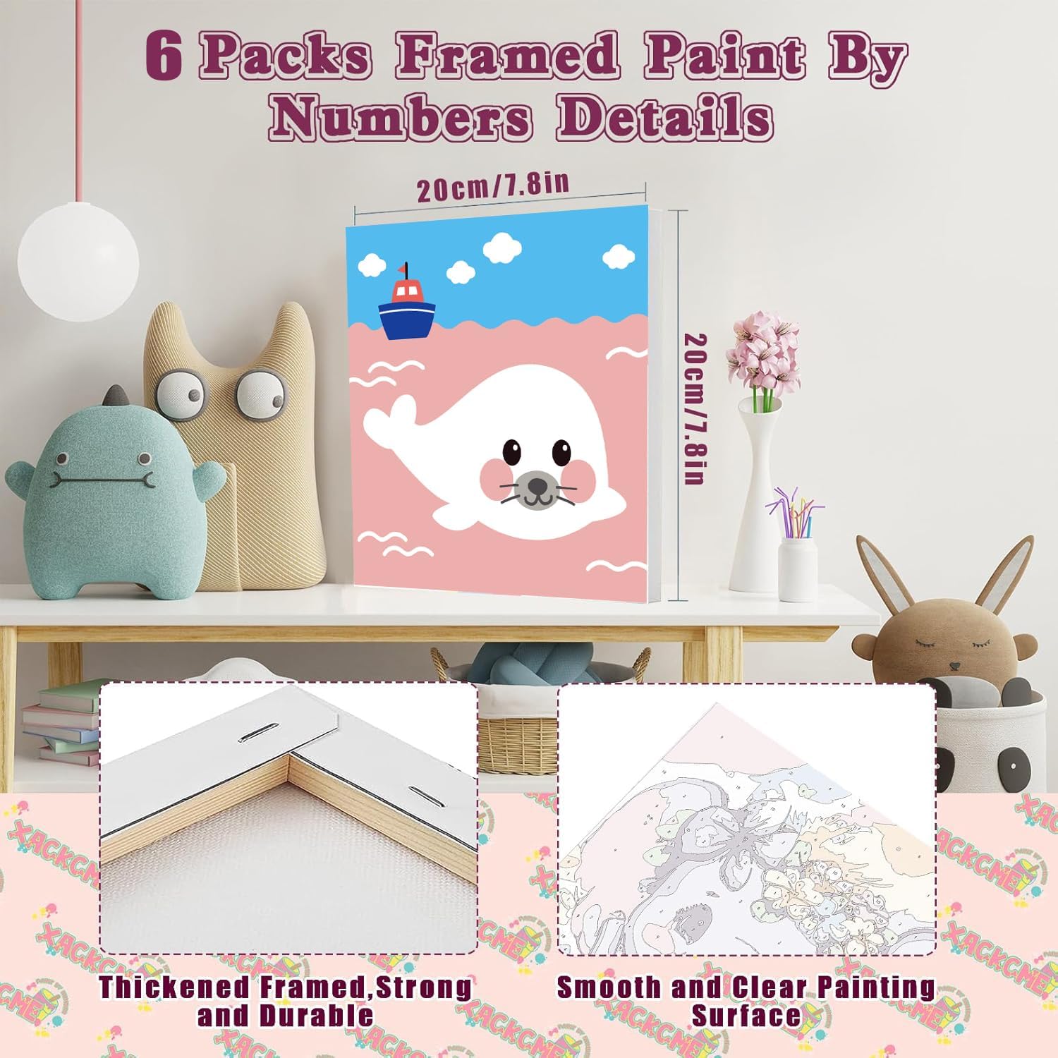 MXCFZX 6 Pack Framed Paint by Numbers Kit for Kids,Cute Sea Animals Painting Kits for Ages 4-6-12,Easy Paint by Number Kids Paint for Beginner,DIY Acrylic Oil Painting Kit for Wall Decor(8X8inch)