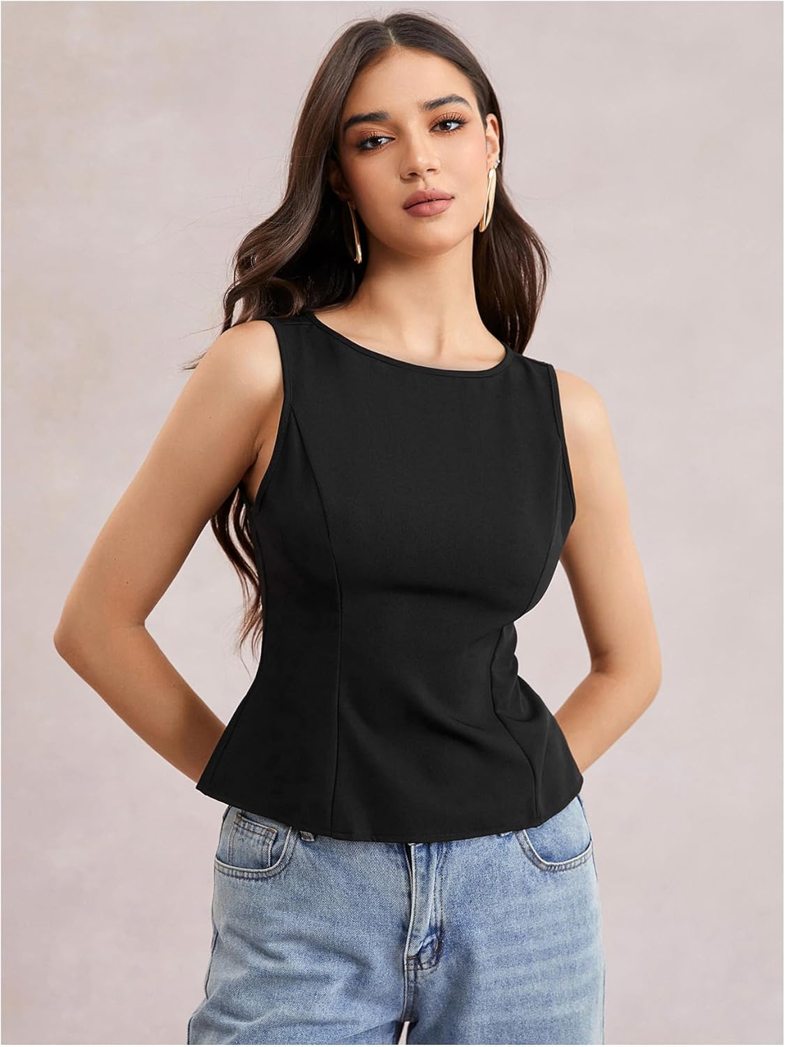 SHENHE Women's Sleeveless Tank Tops Boat Neck Cinched Waist Flare Hem Business Casual Cropped Blouse Top - Image 4