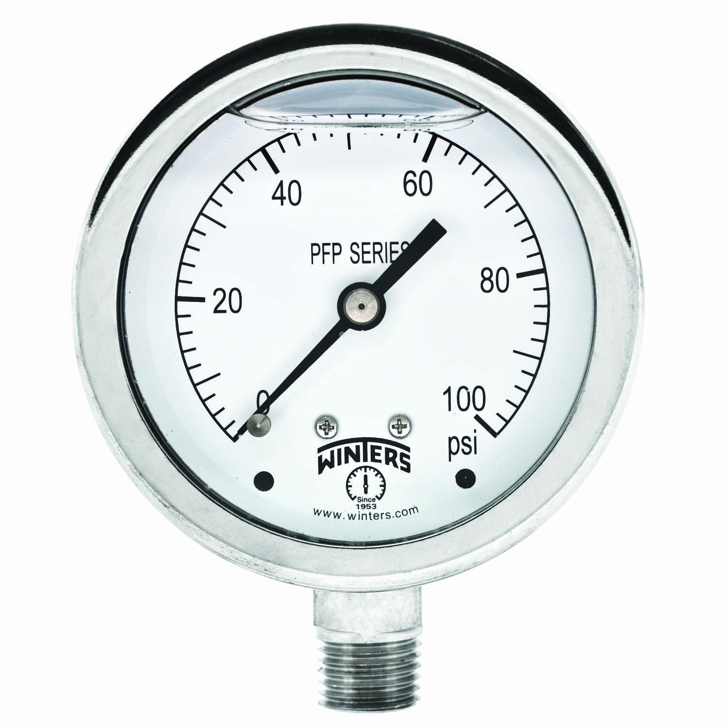 Winters PFP Series Premium Stainless Steel 304 Single Scale Liquid Filled Pressure Gauge, 0-100 psi, 2-1/2" Dial Display, +/-1.5% Accuracy, 1/4" NPT Bottom Mount