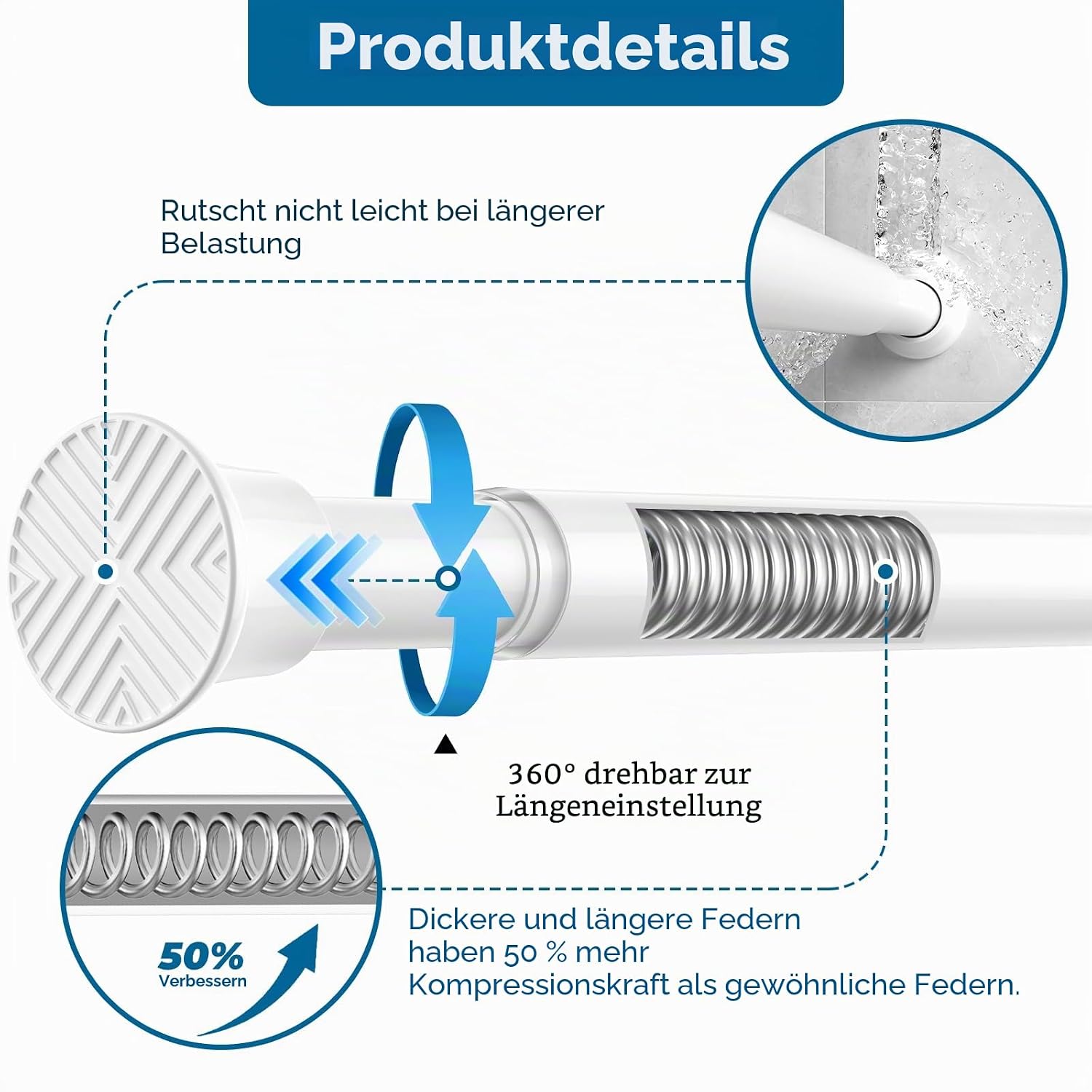 AIZESI Curtain Pole No Drilling 60 to 120 cm, 1 Piece Telescopic Rod, White Shower Rail No Drilling, Adjustable Curtain Rail No Drilling for Windows, Cabinet, Bathroom – Bild 5
