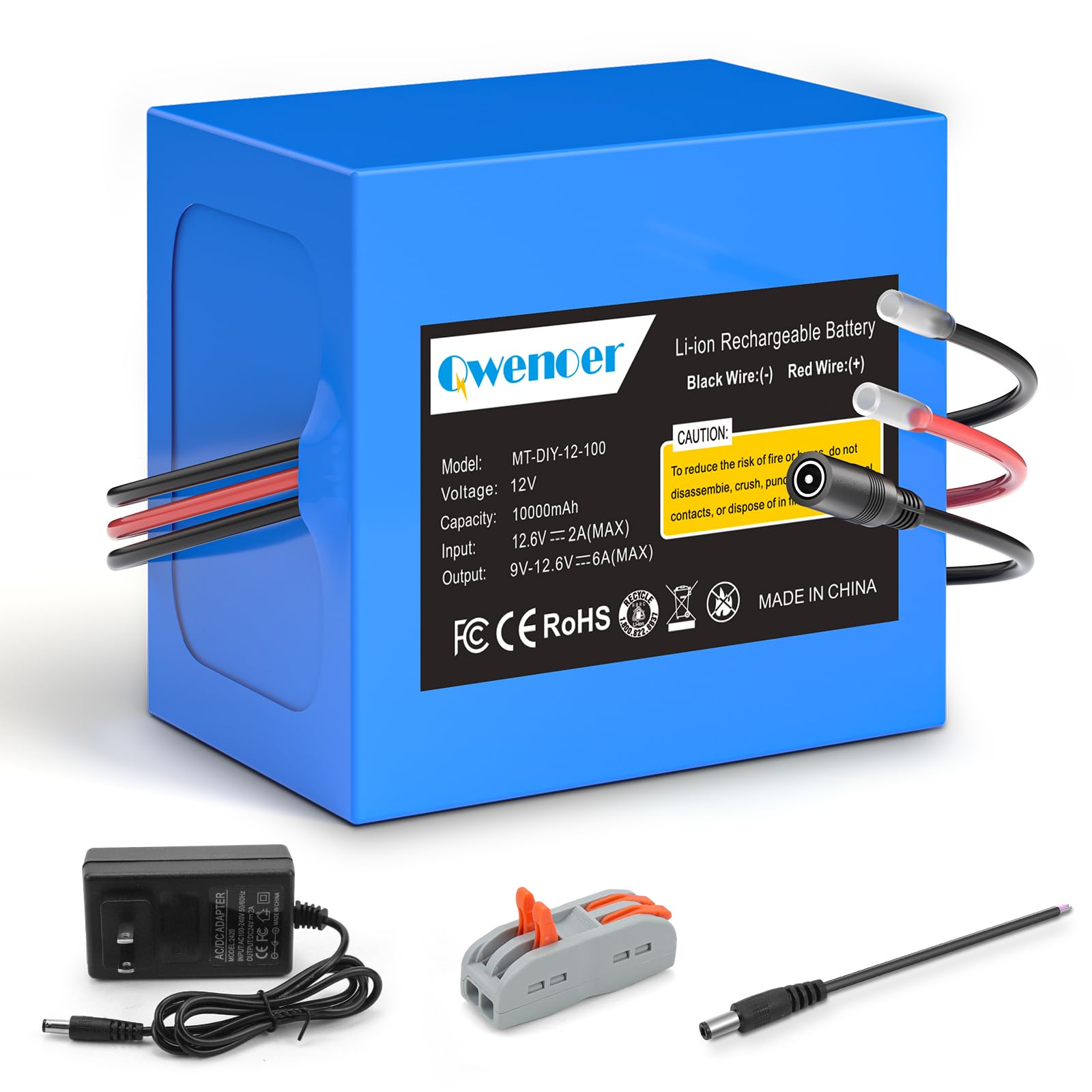 Qwenoer 10Ah 12V Lithium Battery with 12.6V 2A Charger and Bare Leads