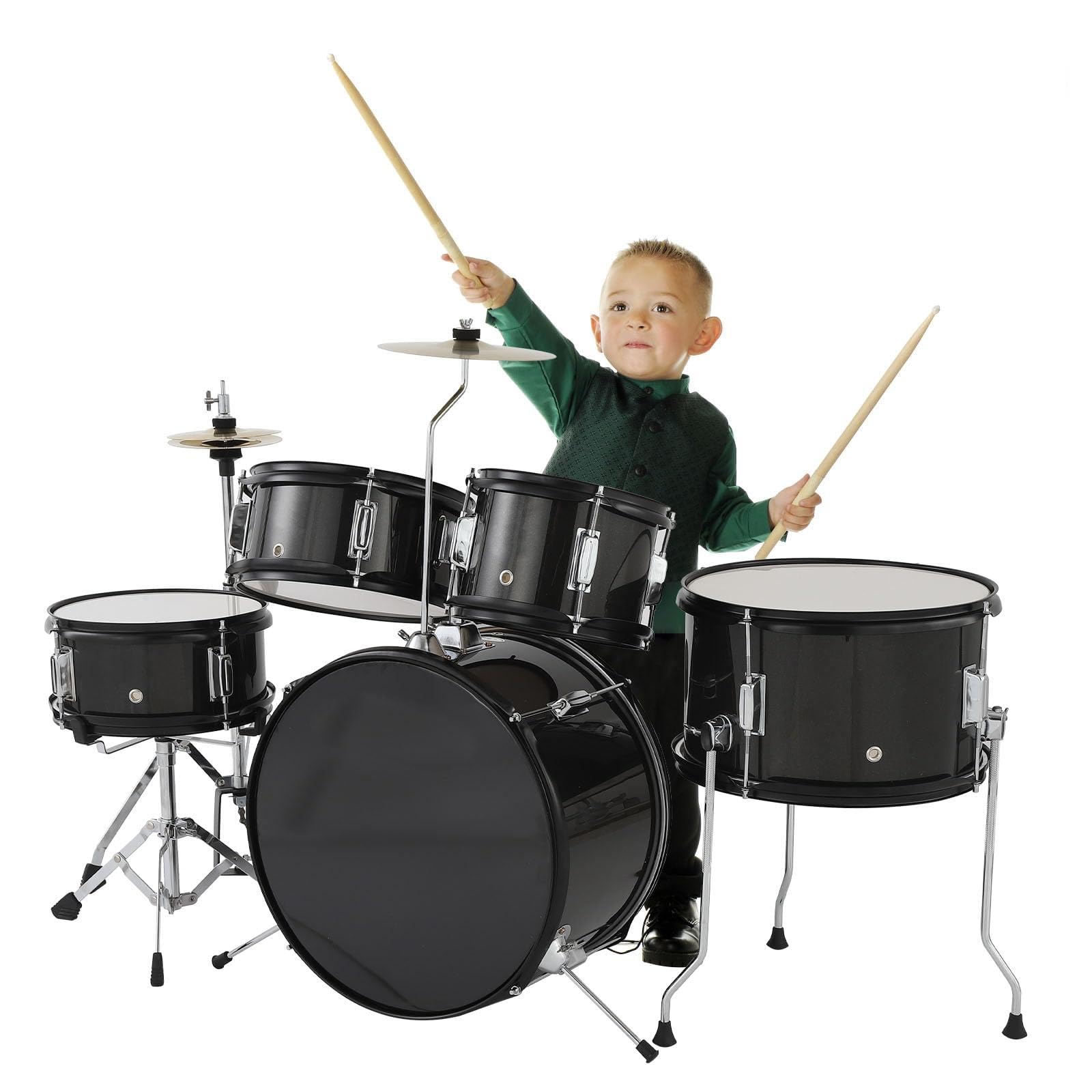 GarveeTech 5-Teiliges Junior Akustik-Schlagzeug Set Für Kinder, Komplettes Drum Kit Mit Bassdrum, Tom, Snare, Hi-Hat, Becken, Drumsticks, Hocker Und Pedal, Einsteiger Musikinstrument Für Junge Musiker
