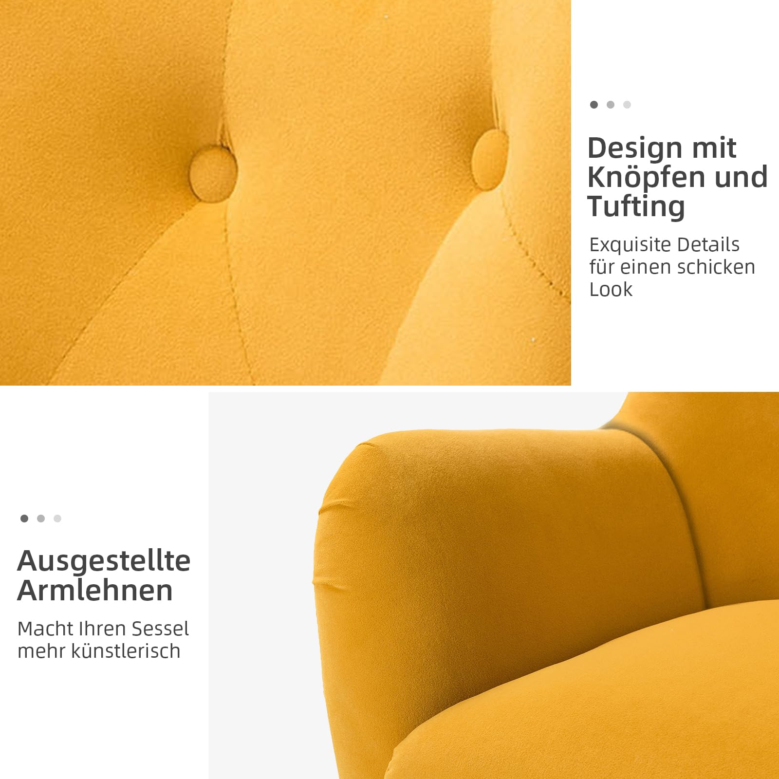 HULALA HOME Sessel gemütlich Ohrensessel gepolstert mit goldenen Metallbeinen Lesesessel bequem Loungesessel aus Samt für Wohnzimmer Schlafzimmer 2er Set, Gelb
