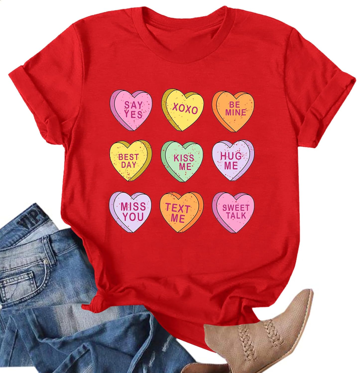 NEWWEN Valentines Shirts for Women Cute Candy Heart Tshirt Graphic Valentine Gift Tee Casual Hearts Tops