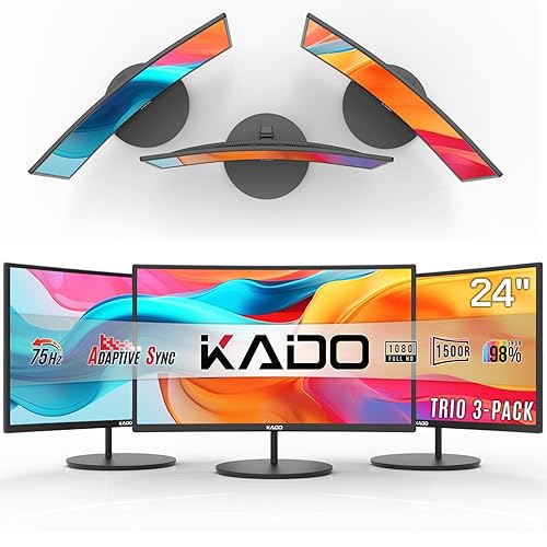 Kado Triple Monitor Setup - 3-Pack 24" 1920x1080 Curved Computer Monitor 1500R 75Hz VESA Mount HDMI Office Gaming Hybrid Sim Racing Built-in Speakers (C24 Trio Series) - 3-Pack Trio Set