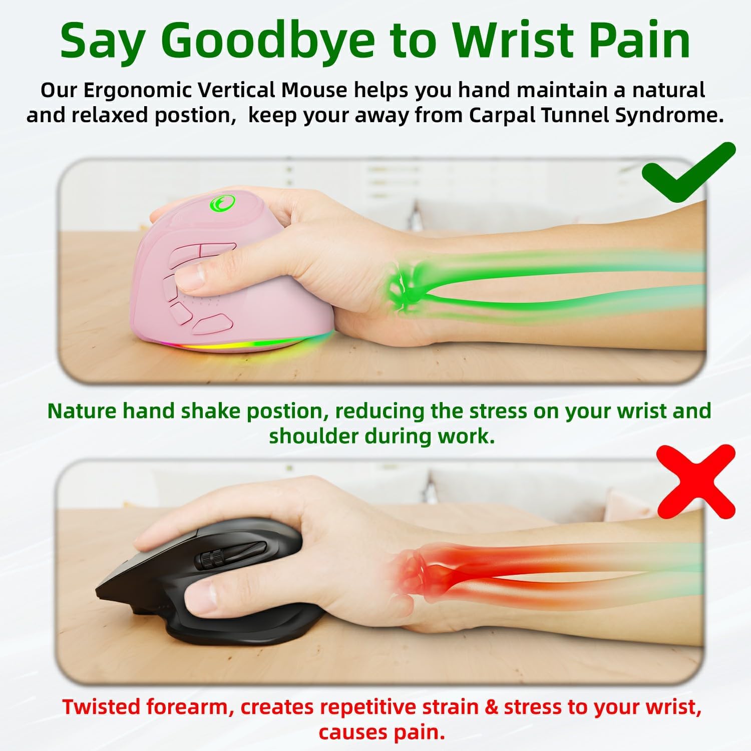 Illustration showing correct ergonomic hand position with vertical mouse versus incorrect position with standard mouse