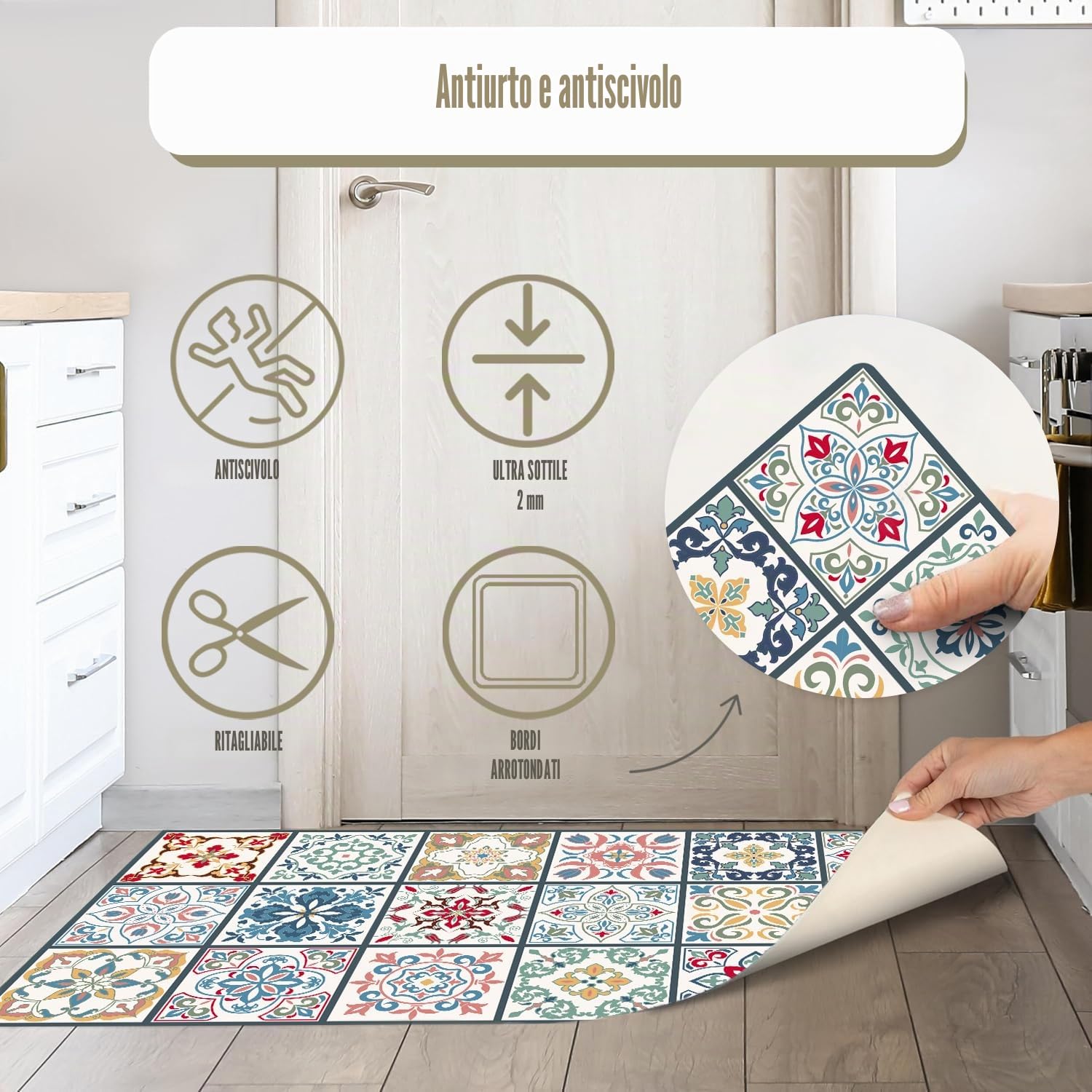 Tappeto in vinile idraulico (120 x 60 cm, Toledo) - Diverse misure - Cucina, soggiorno - Antiscivolo - Camera da letto - Gomma soffice e pavimento in PVC
