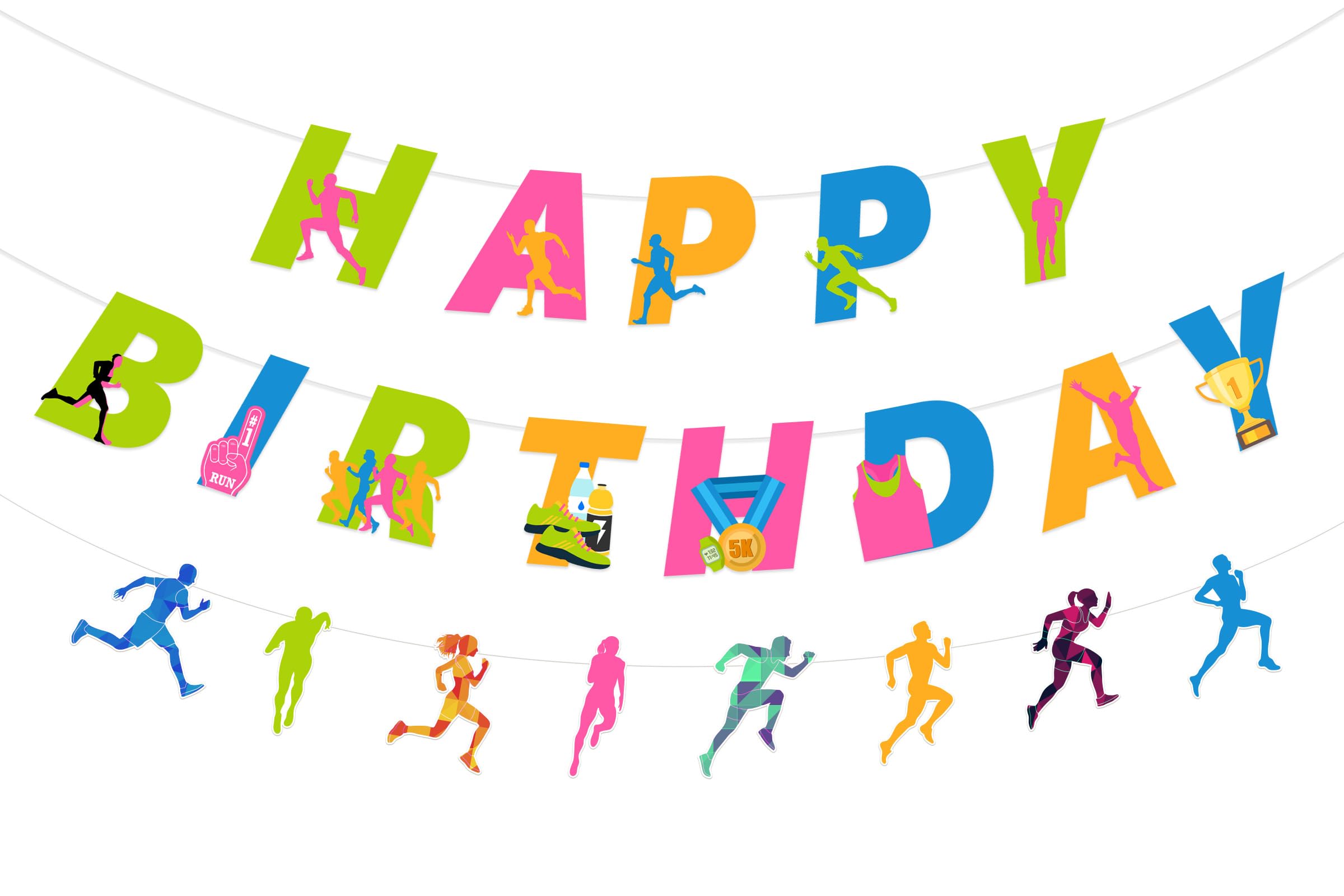 Sursurprise Running Happy Birthday Banner, Marathon Runner Birthday Sign for Track Running Cross Country Bday Decorations, Sports Fitness Run Theme
