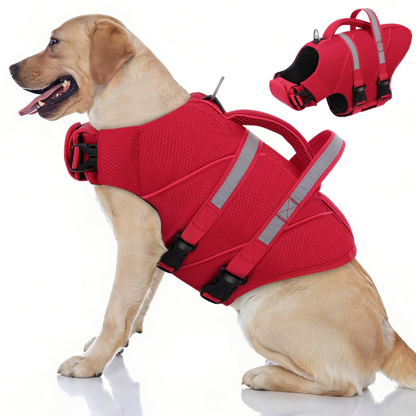 Queenmore Dog Life Vest For Swimming Adjustable Life Jacket For Dogs Ripstop Lightweight Swimming Vest for large dogs Pitbull, Bulldog,Dachshund, Sausage Dog (Red, XL)