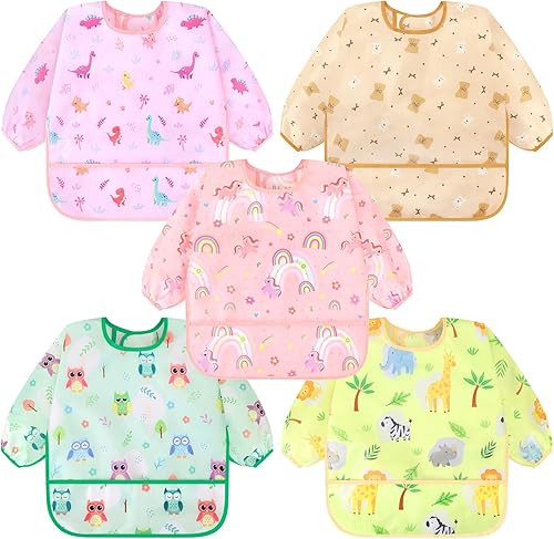 Miniatura 19 de Accmor Paquete de 5 Baberos de Manga Larga, Delantal Babero Impermeable con Mangas para Bebé y Niño Pequeño de 6-36 Meses Dinosaurio azul/dinosaurio