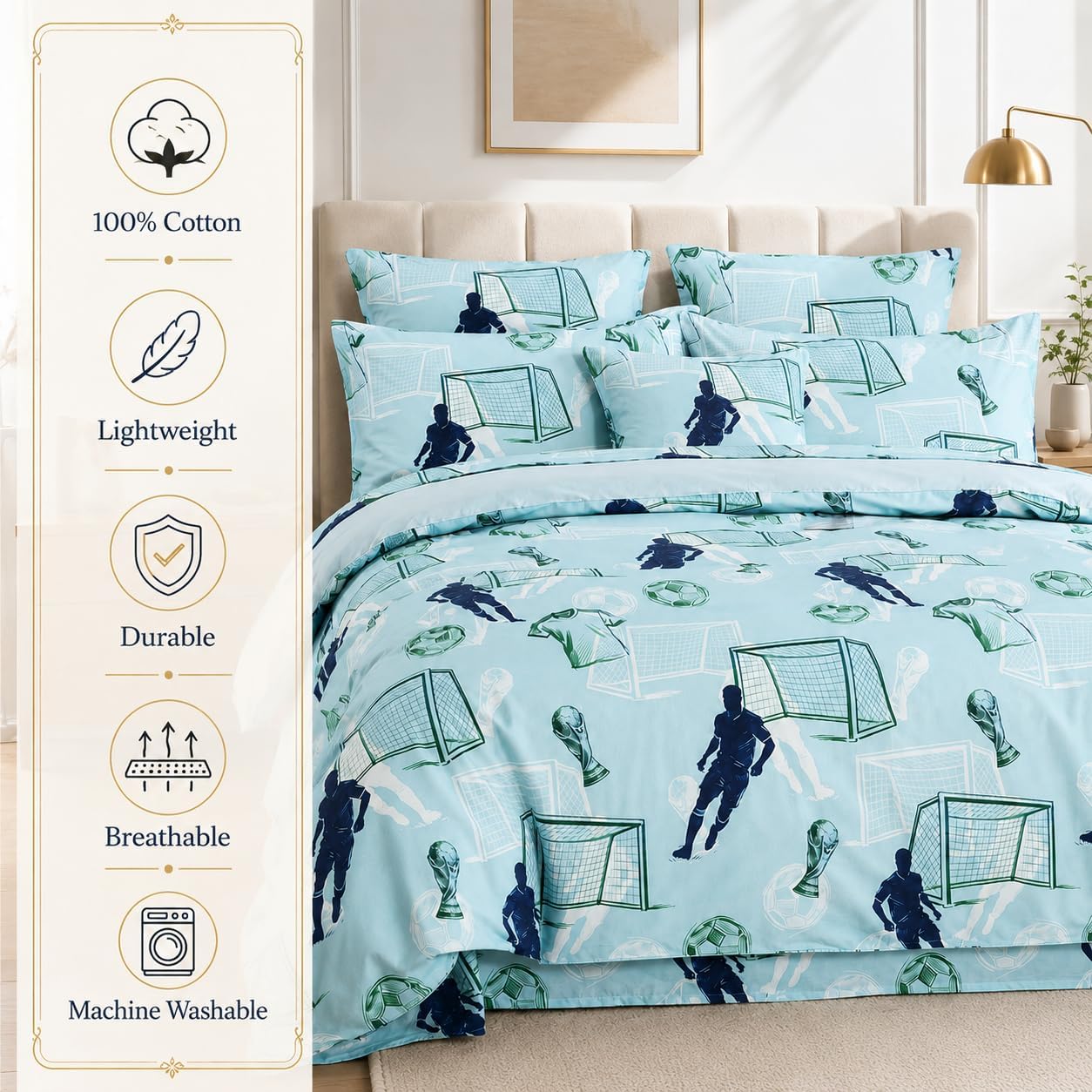 FADFAY Cotton Soccer Duvet Cover Set Twin – Ultra Soft Breathable Sports Bedding, Sky Blue Soccer Print Athletic Boys Teen Bedroom Decor with Zipper Closure, 3 Piece Set image 2