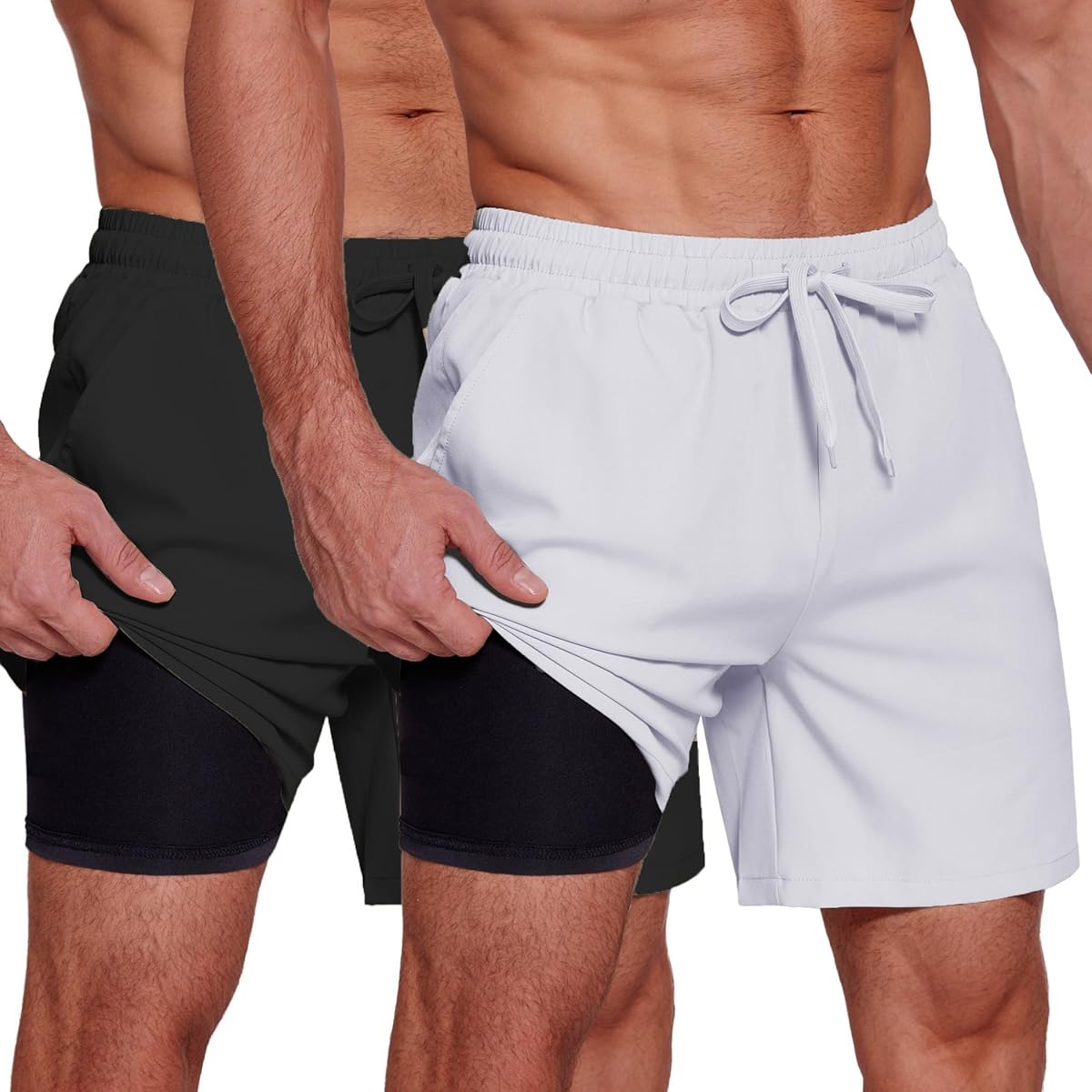 COOFANDY Men's 2 in 1 Running Shorts 2 Pack Athletic Shorts Quick Dry Gym Training Workout Shorts with Pockets