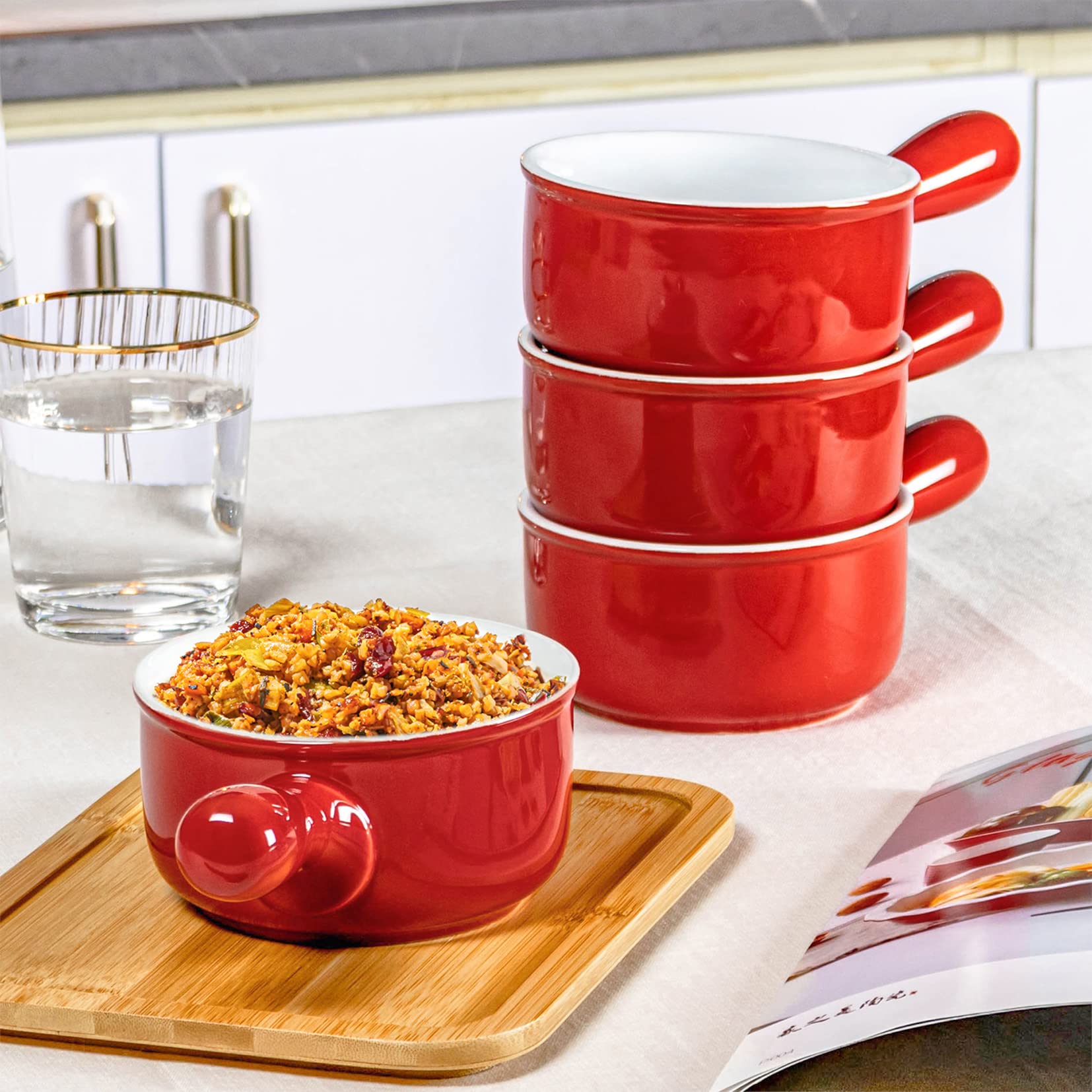 UNICASA Juego de 4 Tazones de Sopa con Asa, Tazón de Cebolla Francesa de 400ML, Tazón de Porcelana para Sopa para 4 Personas - Rojo, 4 x 400ml